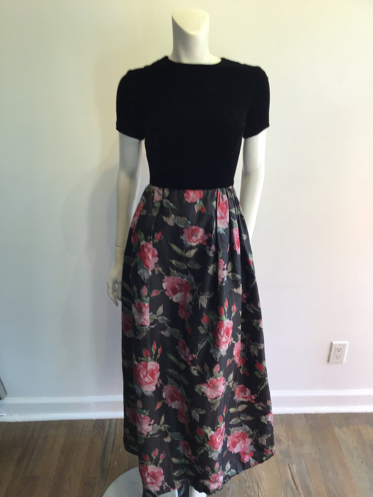 1960s Black Floral Silk Evening Dress Size 2