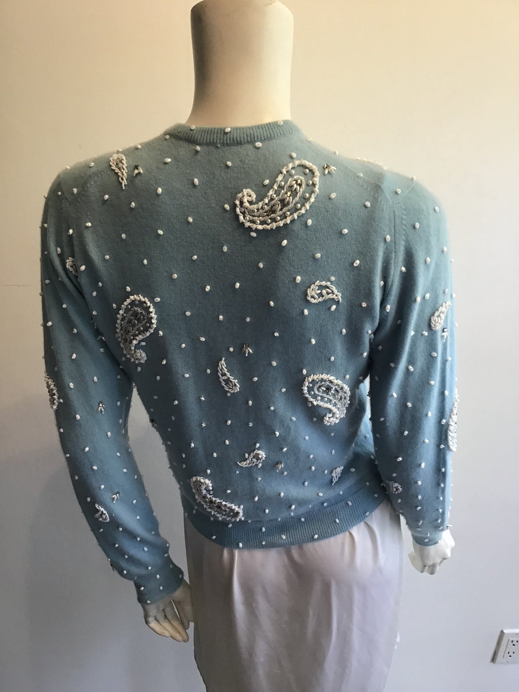 1950’s Light Blue Cashmere Beaded  Sweater Size 6
