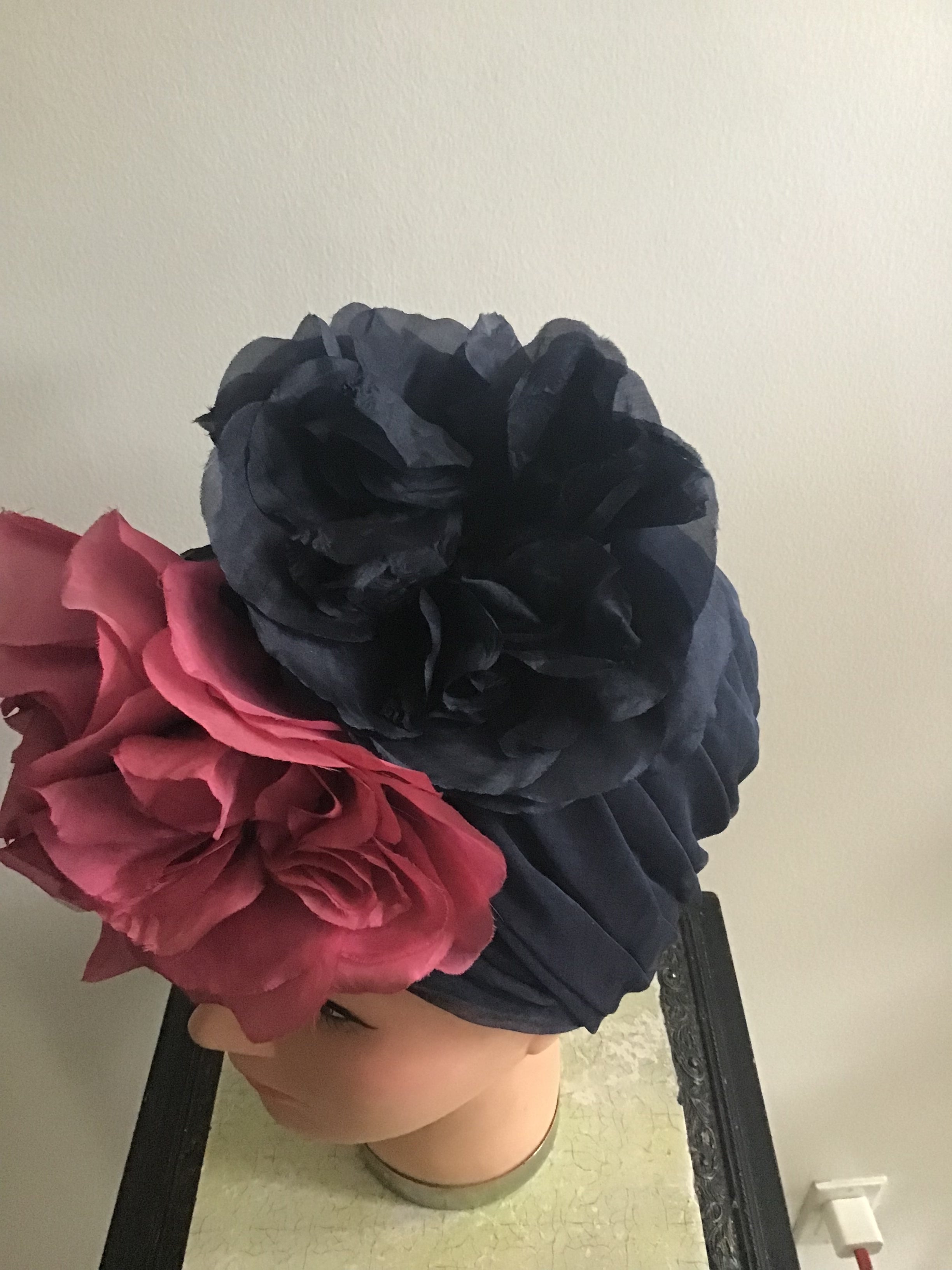 1960s Christian Dior New York ,Turban with Raspberry/blk  silk Flowers