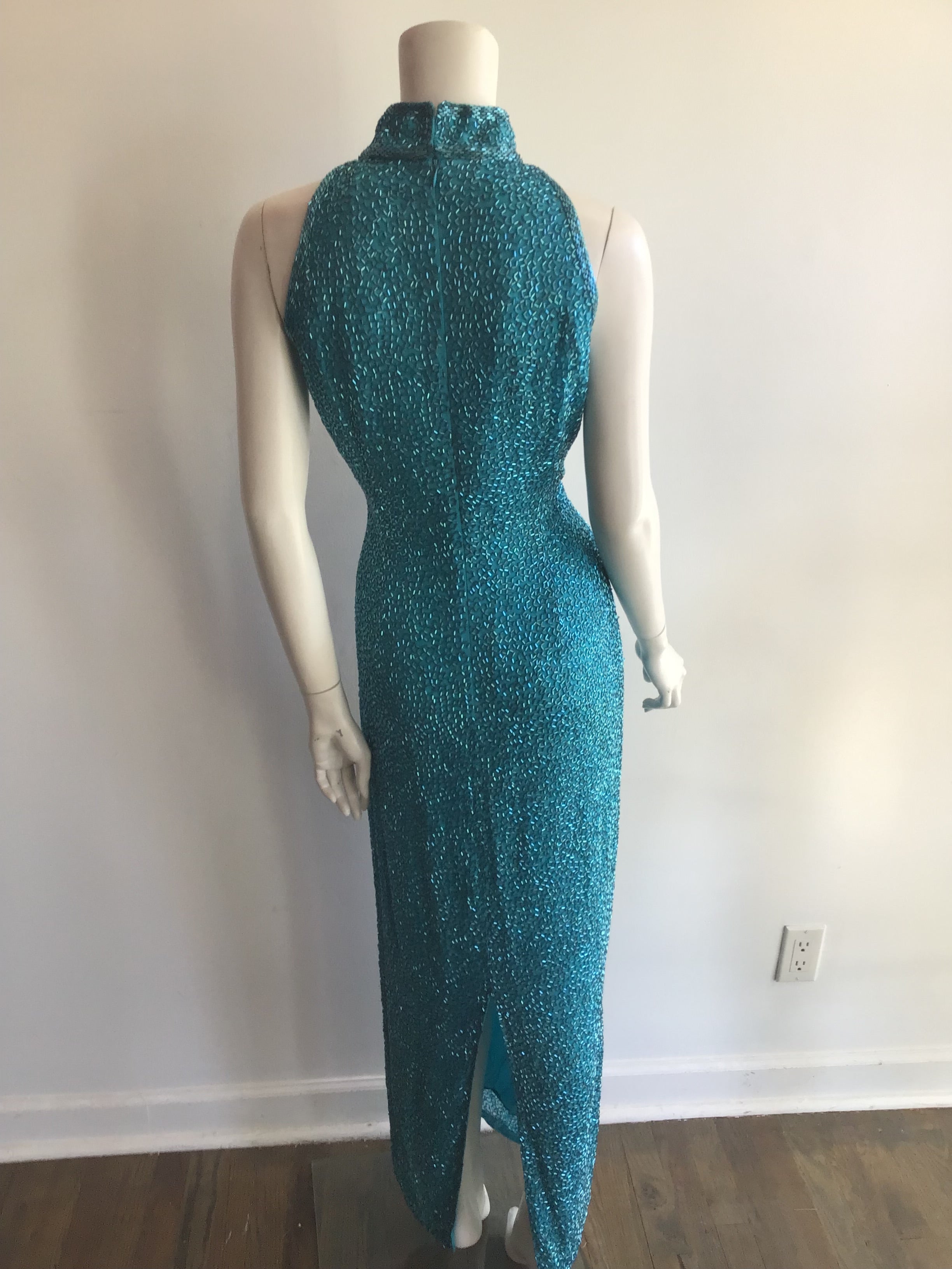 1980s Black Tie by Oleg Cassini Silk Turquoise Entirely Beaded Dress size 10