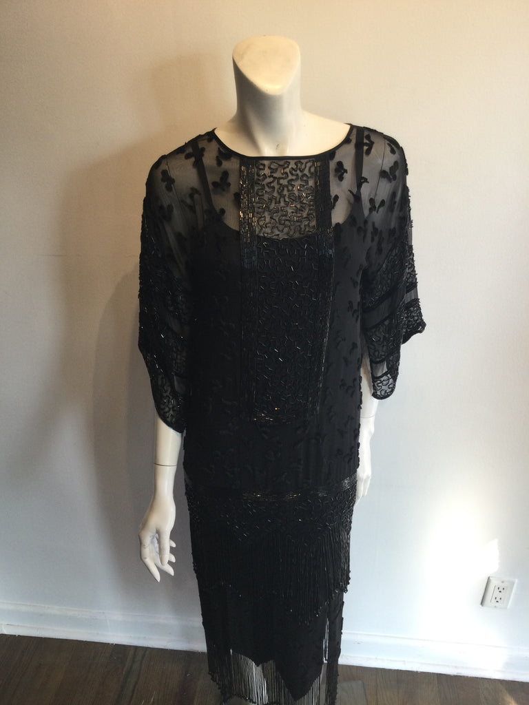 vintage 1980s Tony Chase 1920s inspired black beaded evening gown