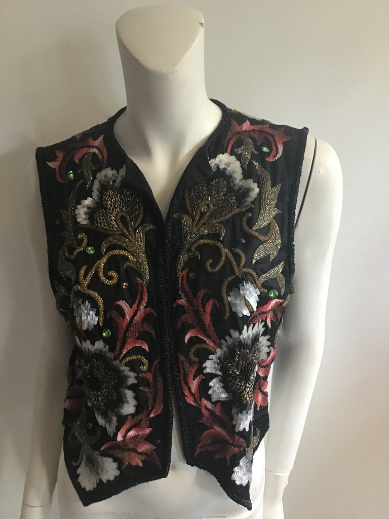 1980's Embroidered  Black Beaded and Sequinned Multicolor  Vest-size 6/8