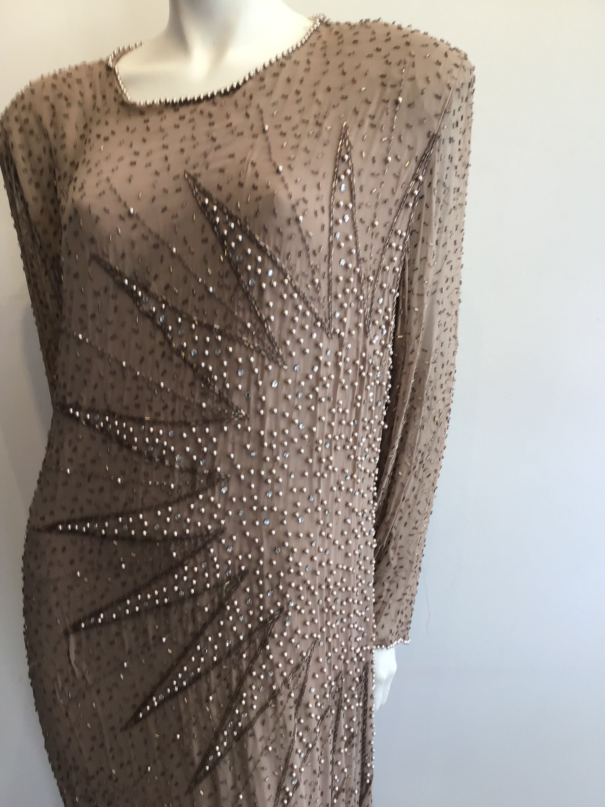 2000’s Oleg Cassini Taupe Silk Beaded Evening Dress Size 16