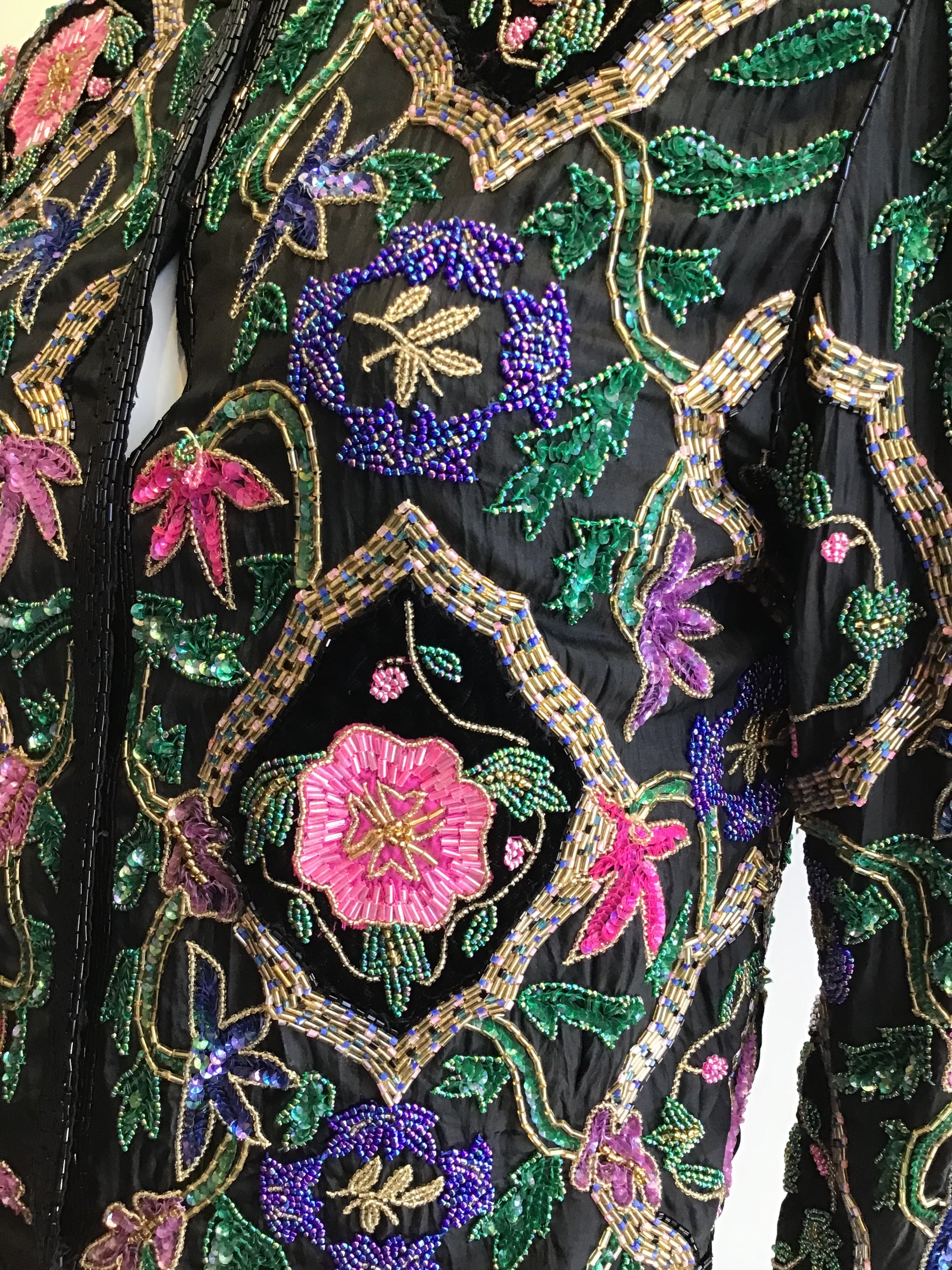 1980’s Black Silk Floral Beaded Evening Jacket Size 6