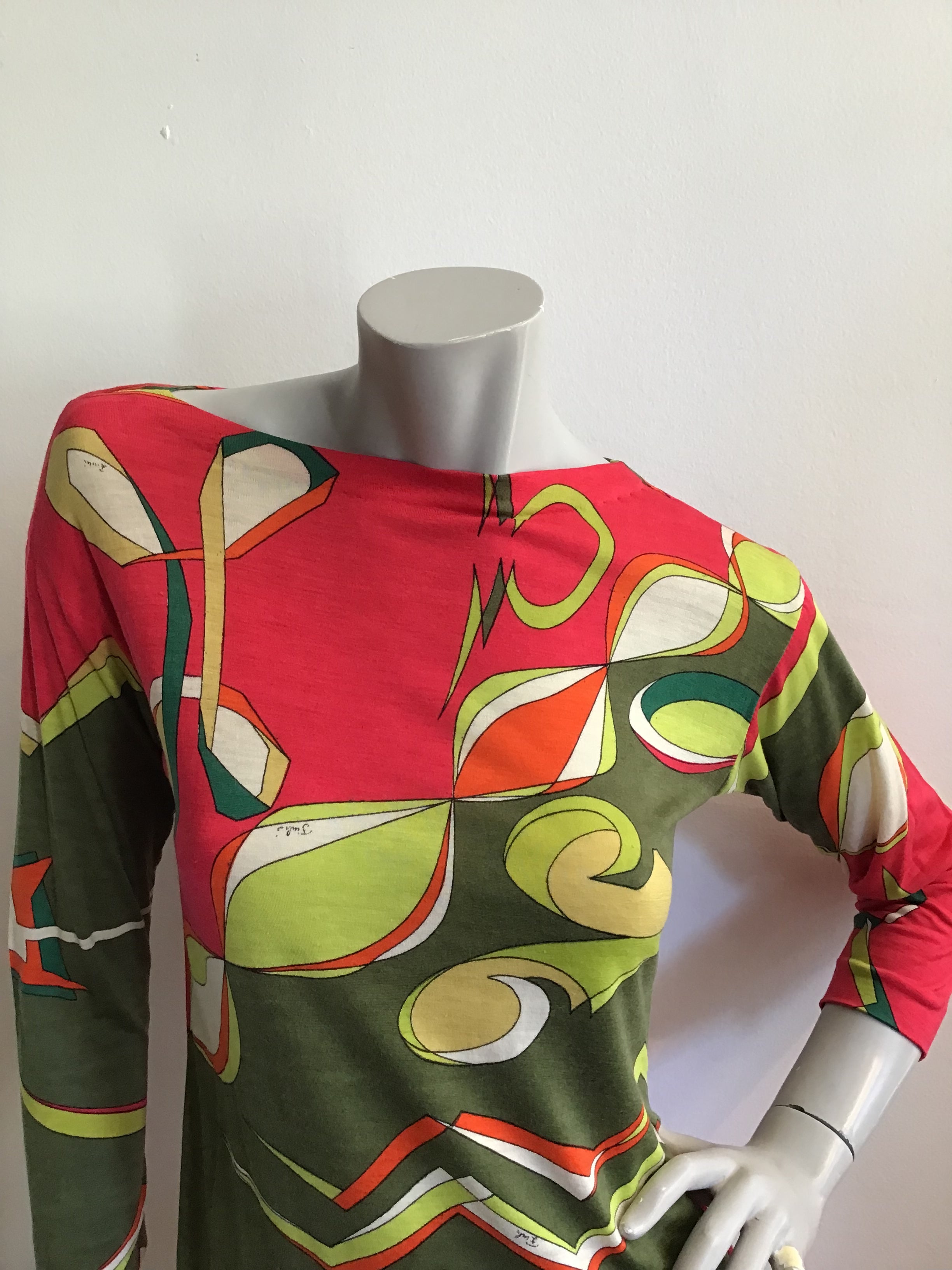 1960s Emilio Pucci Green and Red Cashmere/silk blend printed Shift Dress-size 6