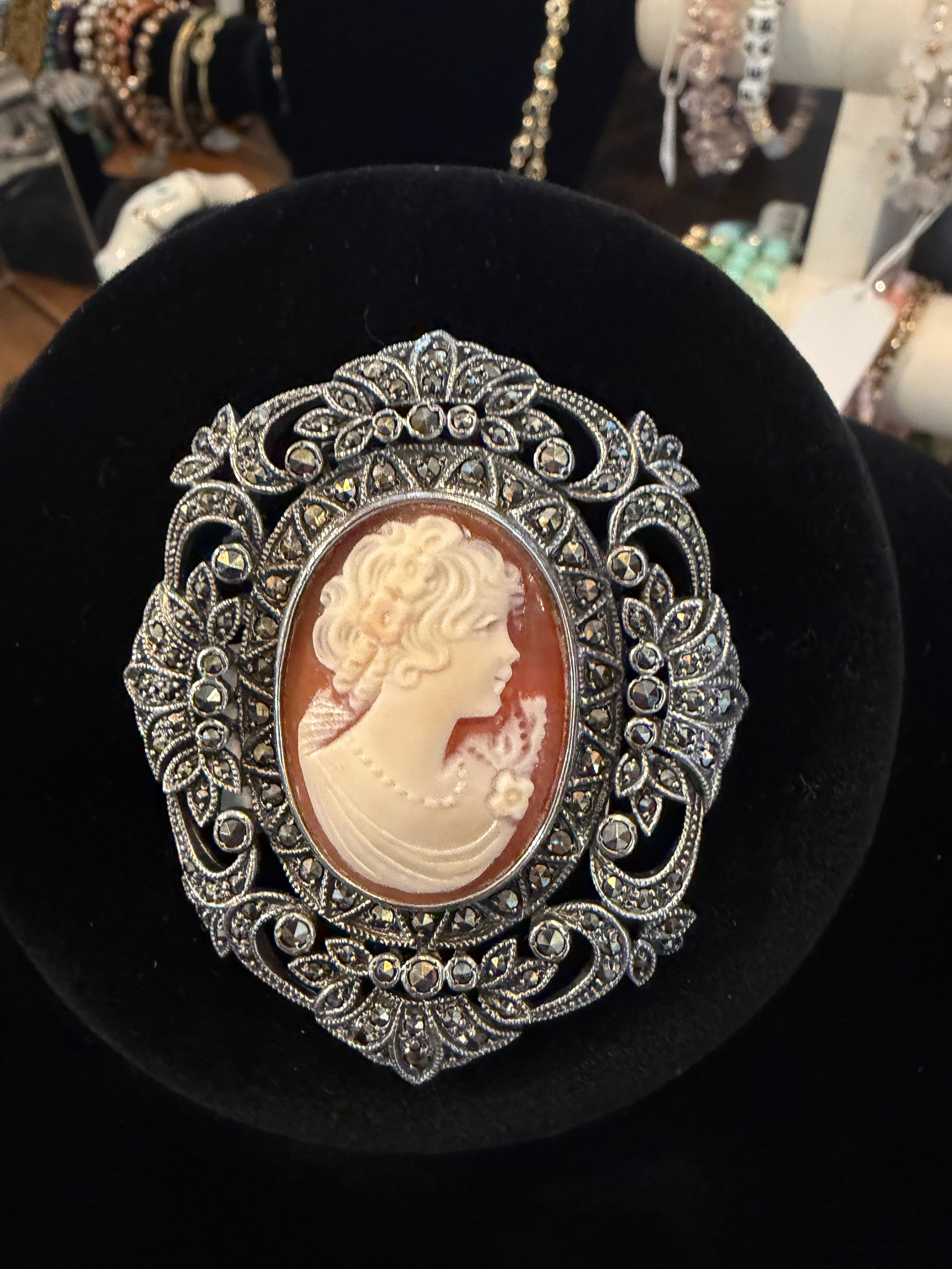 Vintage 1980's Antique Marcasite Cameo Pin / Brooch