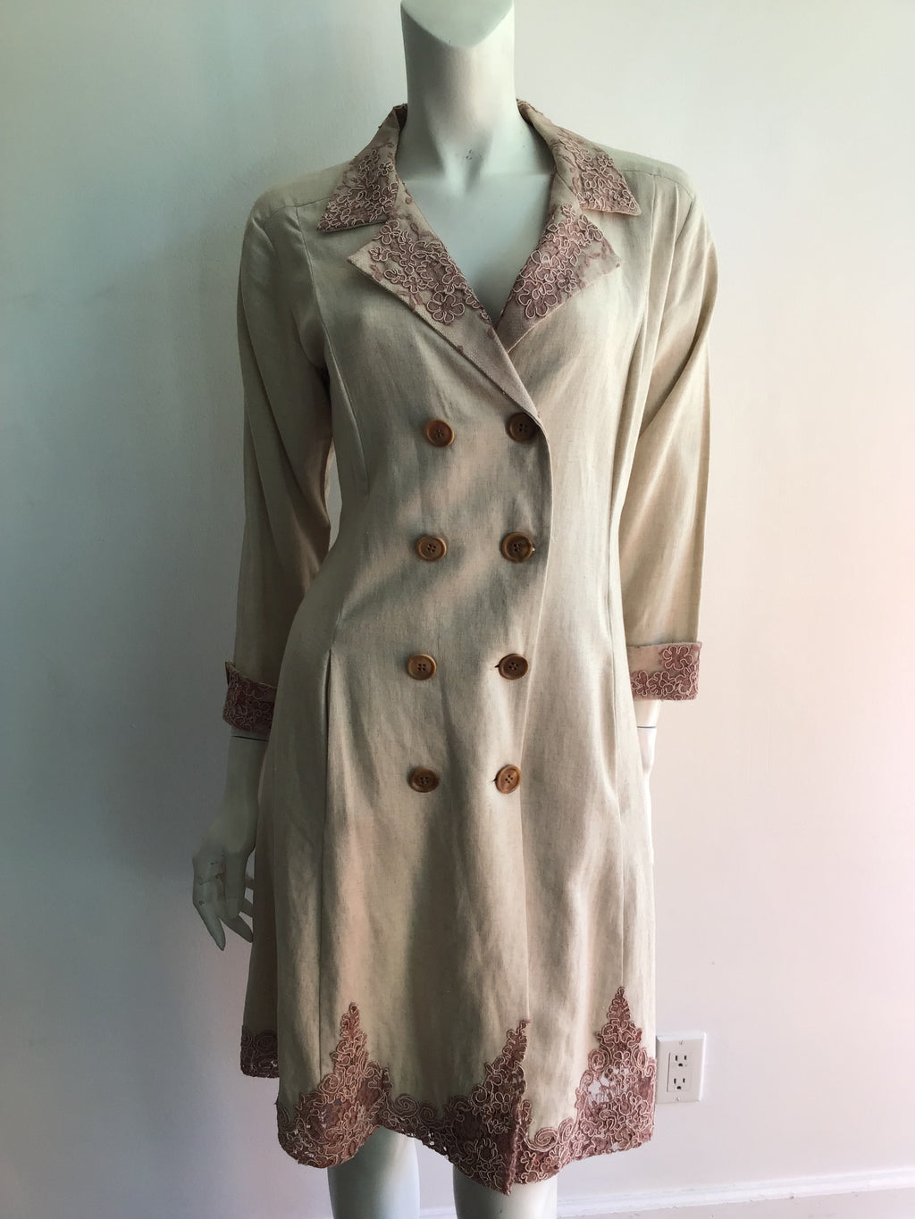 1980’s Cream Linen and Lace Coat Dress Size 8