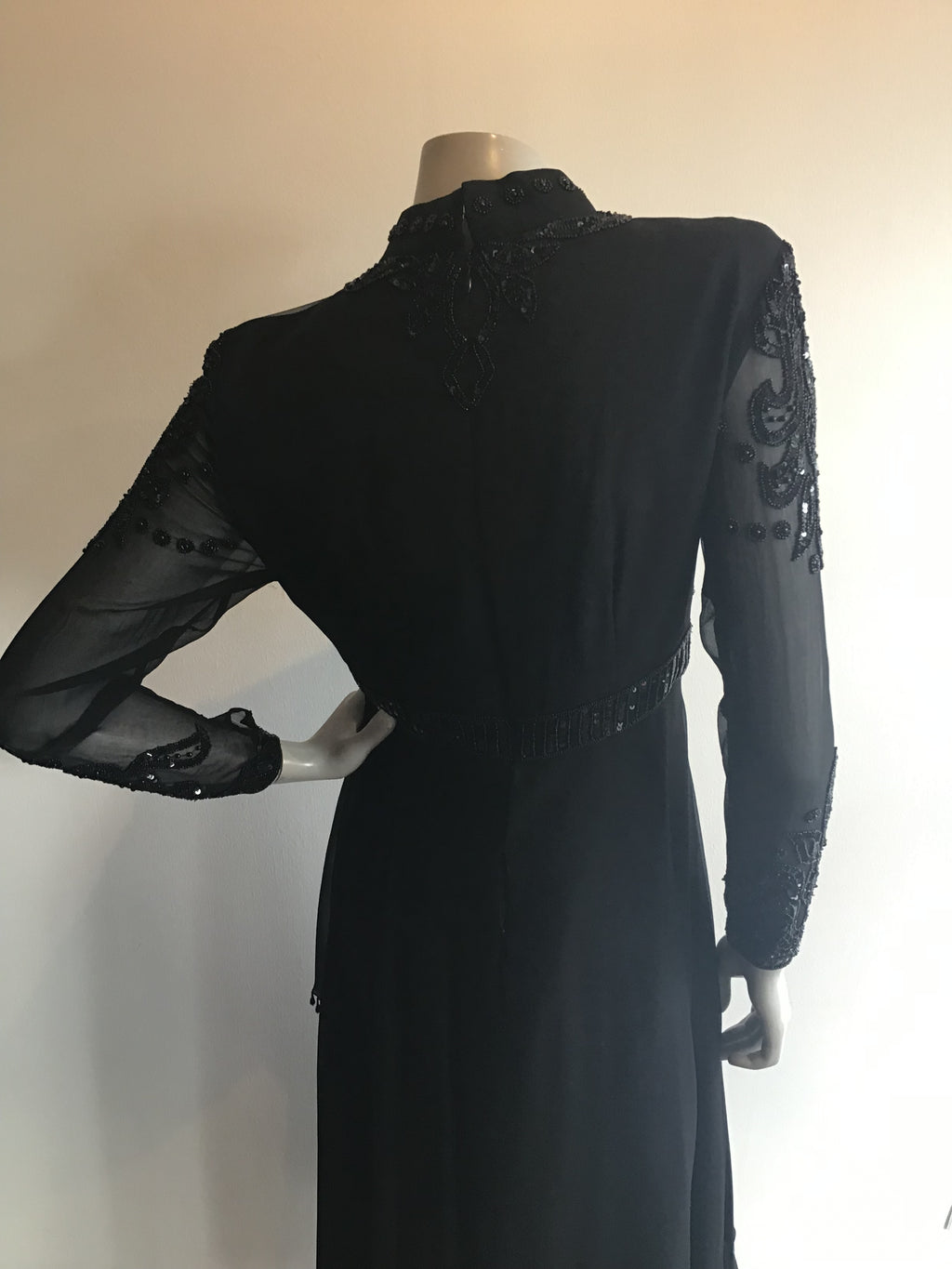 1970's Black Beaded and Sequninned Chiffon Tiered Evening Dress