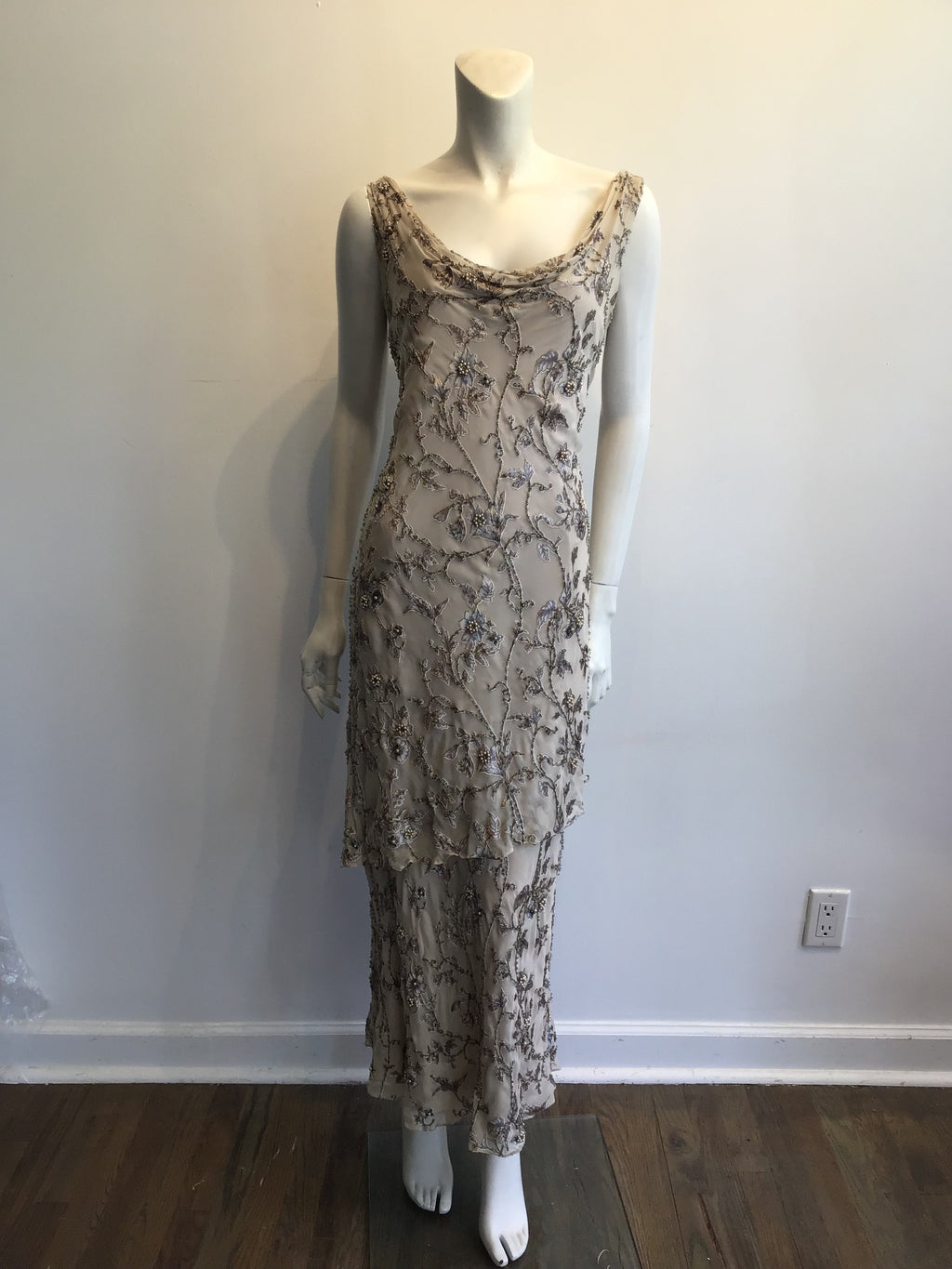1990s Victoria Royal Taupe Silk Evening Gown Size 16