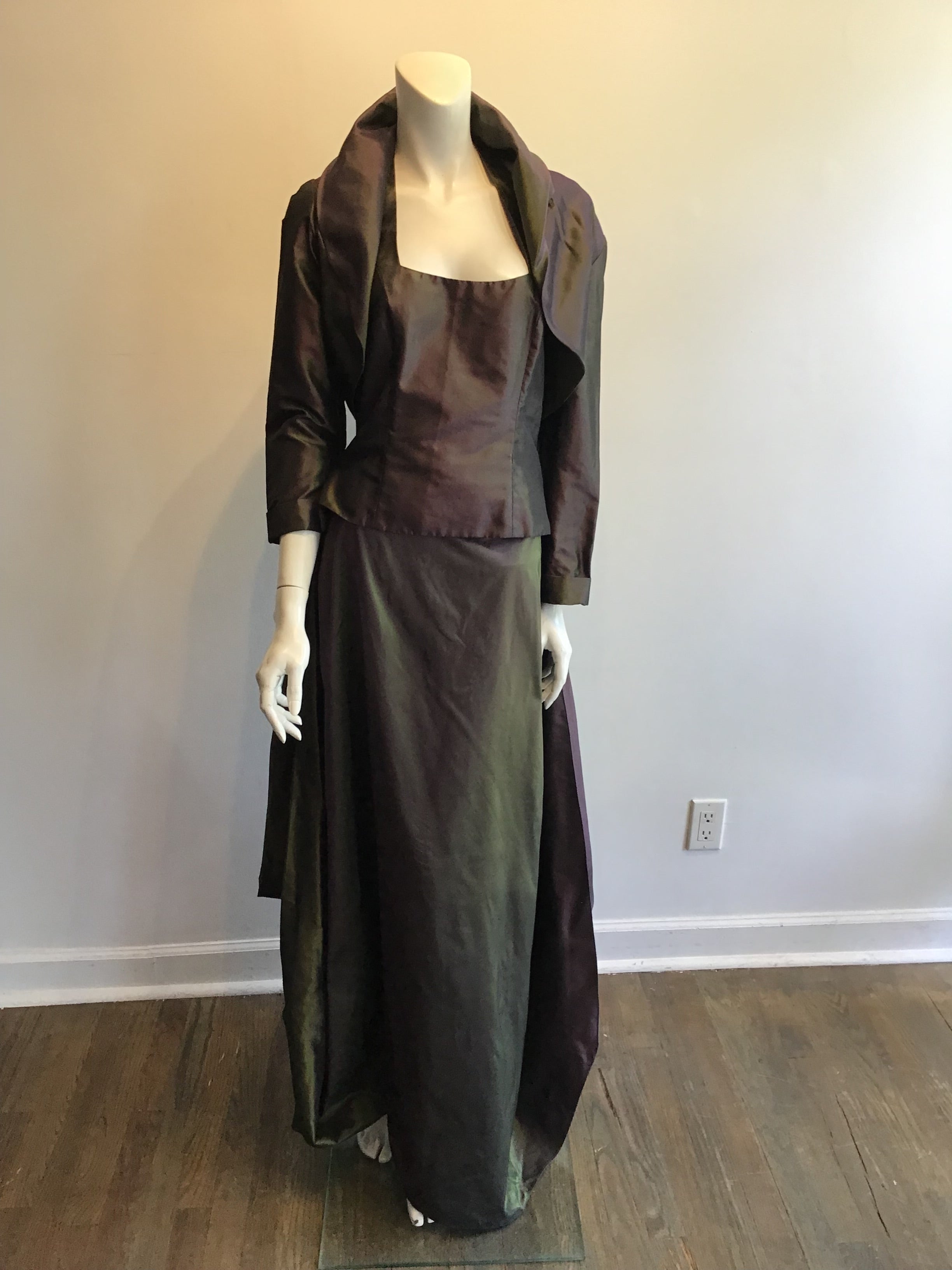 1990’s Maria Pinto Silk Taffeta Green/Purple 3 Piece Evening Ensemble Size 6