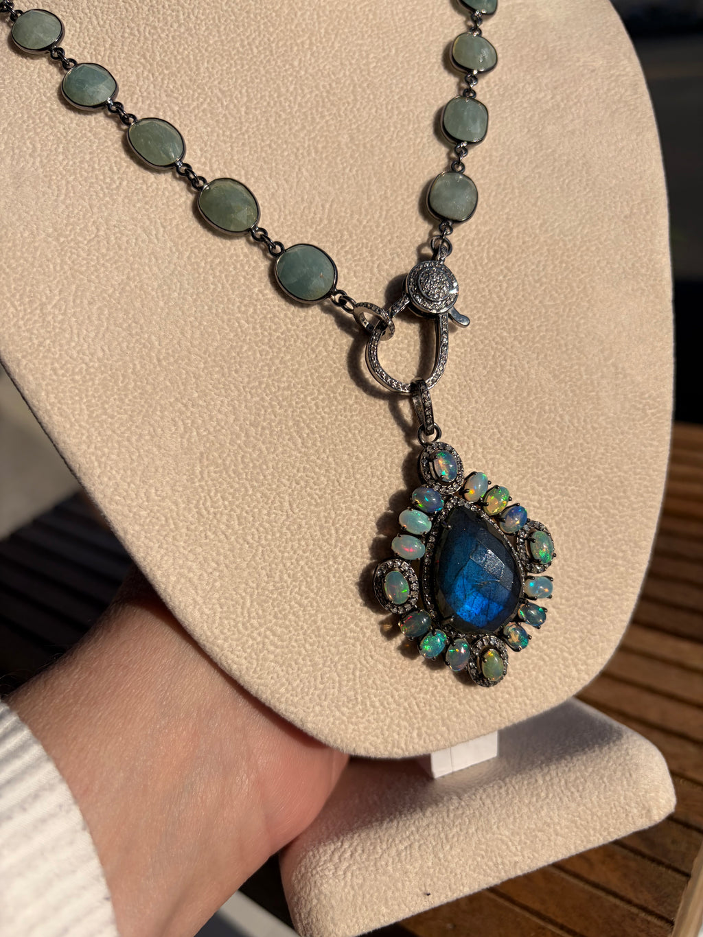 Large Labradorite with Fire Opals & Diamonds, Sterling Silver Pendant Necklace