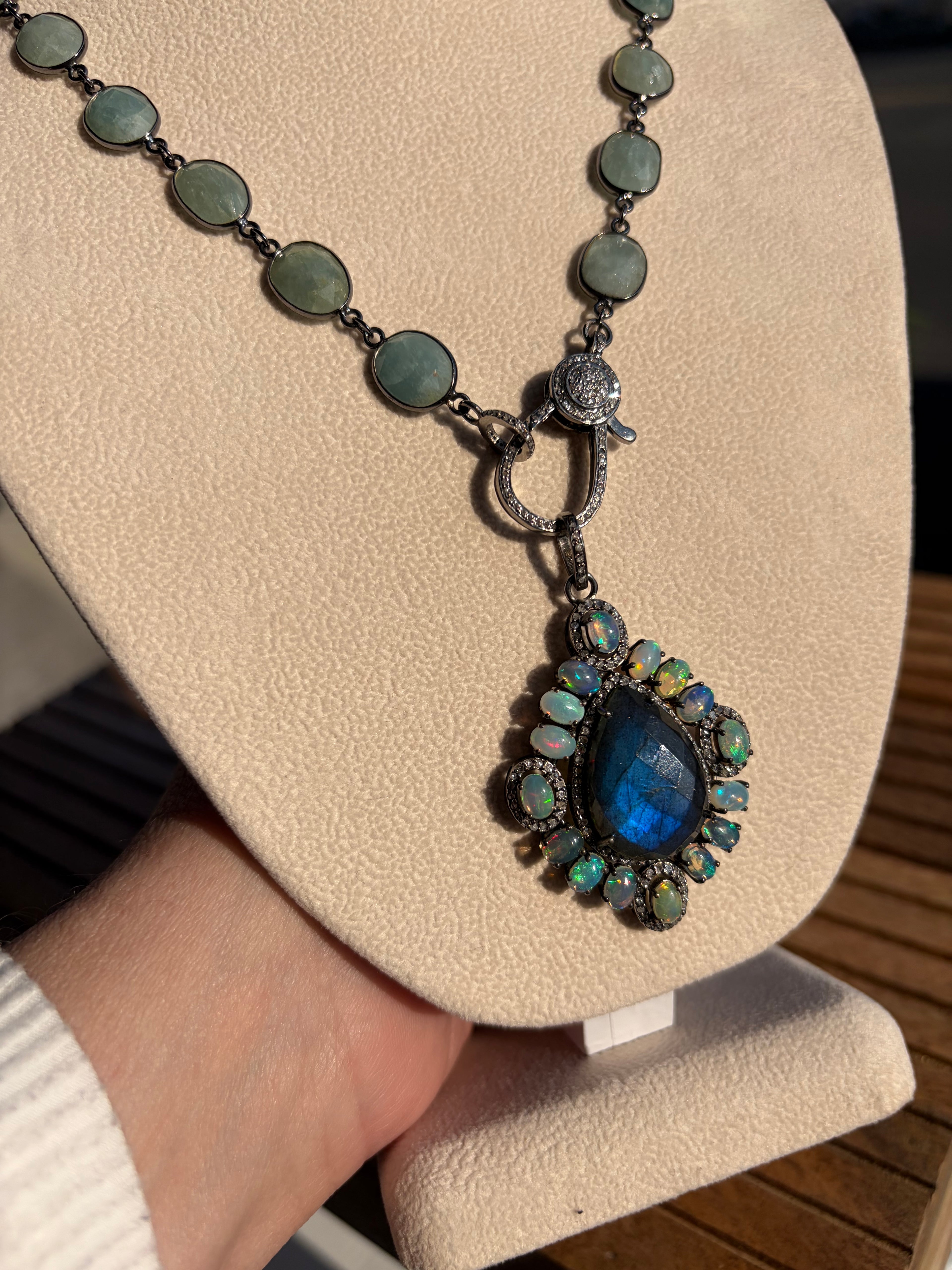 Large Labradorite with Fire Opals & Diamonds, Sterling Silver Pendant Necklace