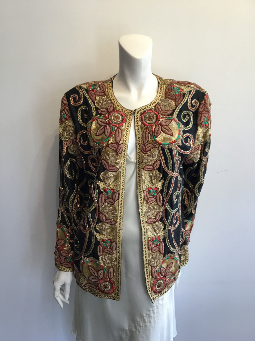 1980’s Black Silk Gold Embroidered and Sequined Evening Jacket Size 8