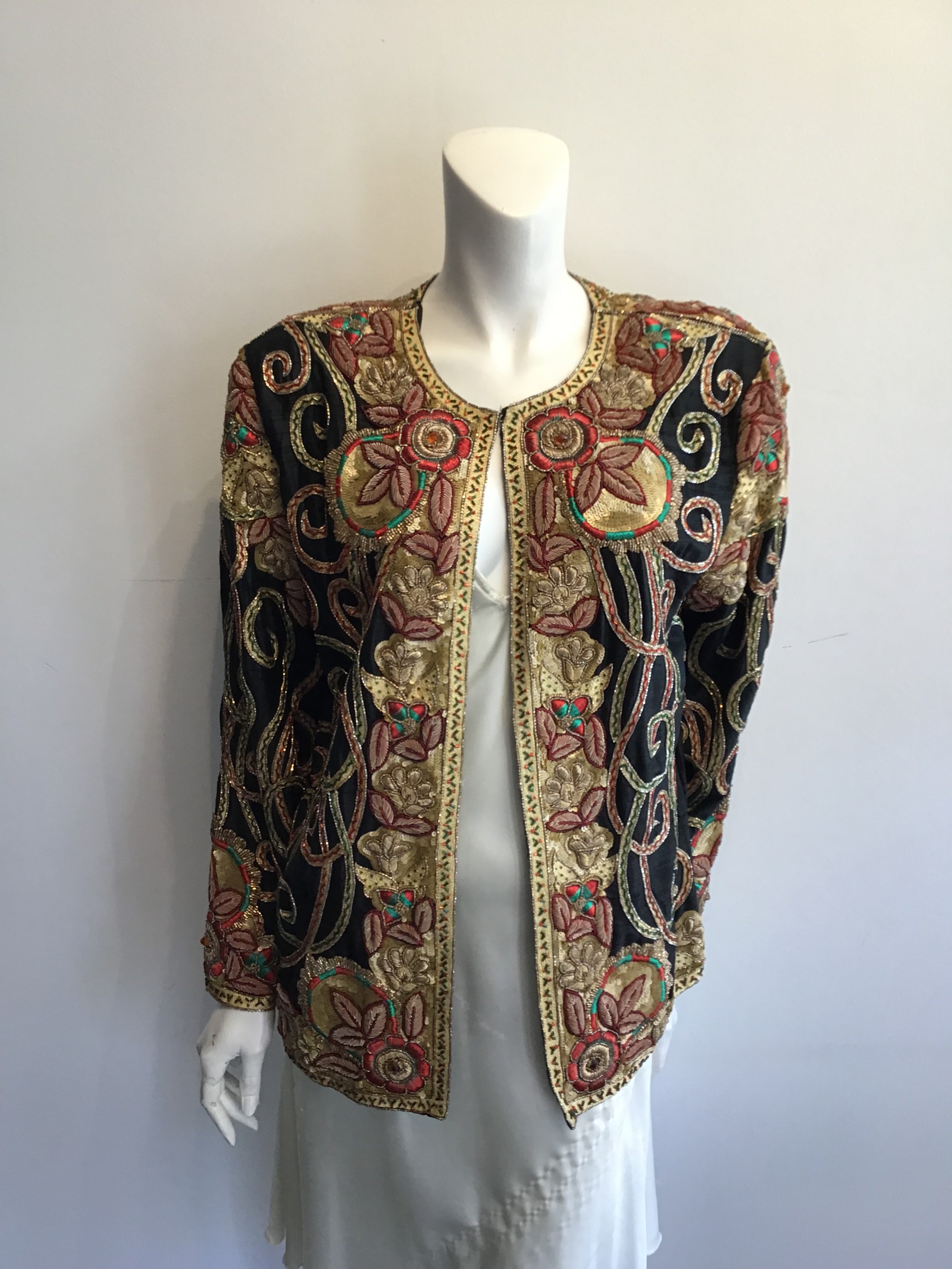 1980’s Black Silk Gold Embroidered and Sequined Evening Jacket Size 8