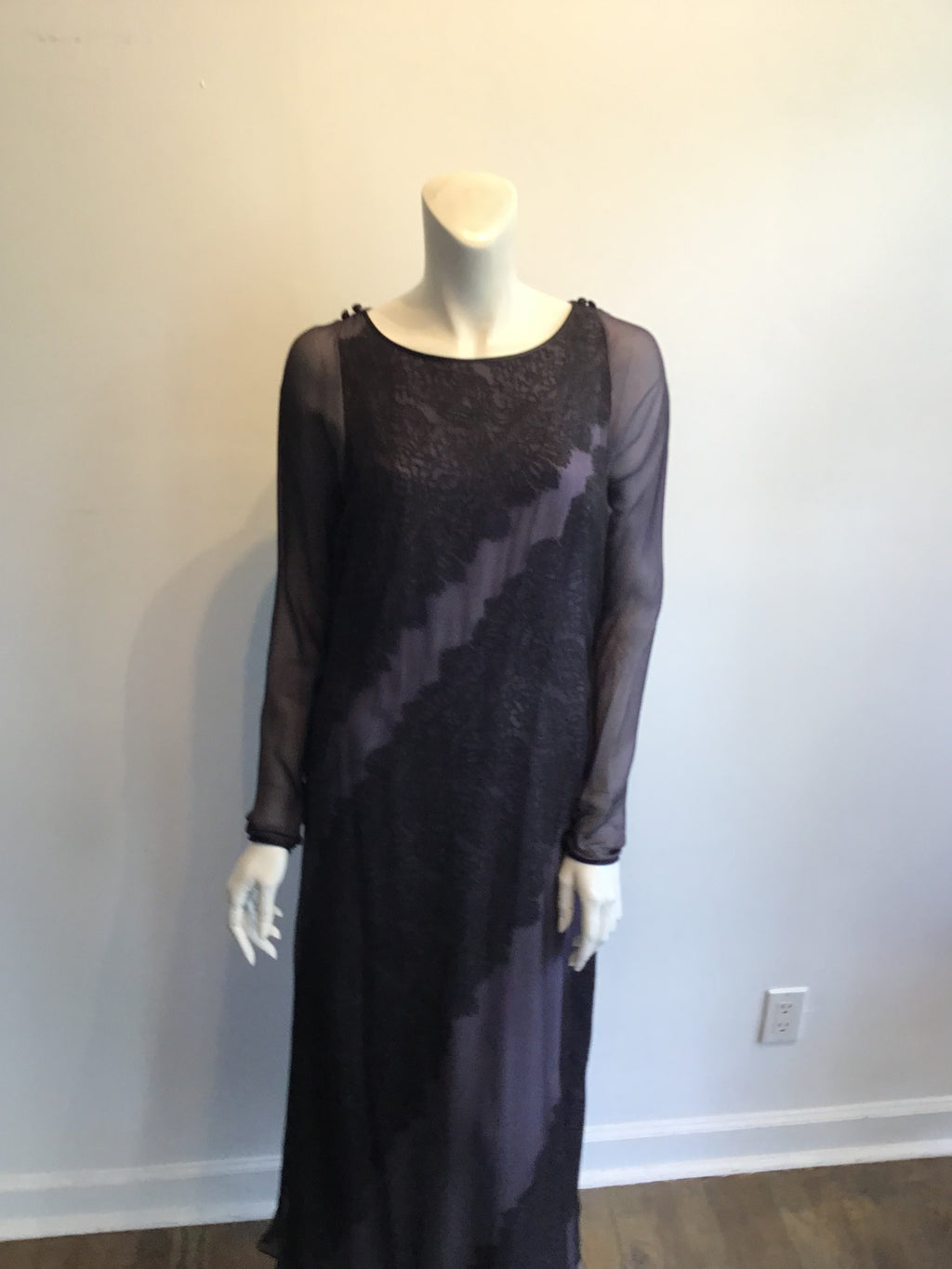 1990's  Bob Mackie Black and Lavender Silk Chiffon Dress with lace Size 10