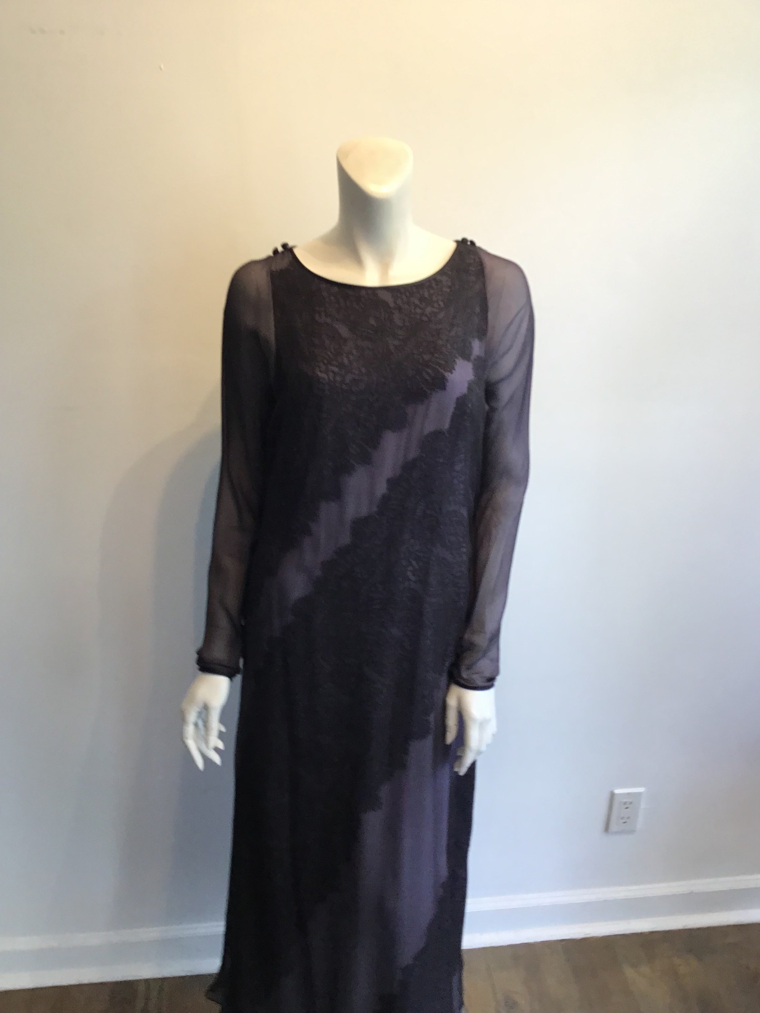 1990's  Bob Mackie Black and Lavender Silk Chiffon Dress with lace Size 10