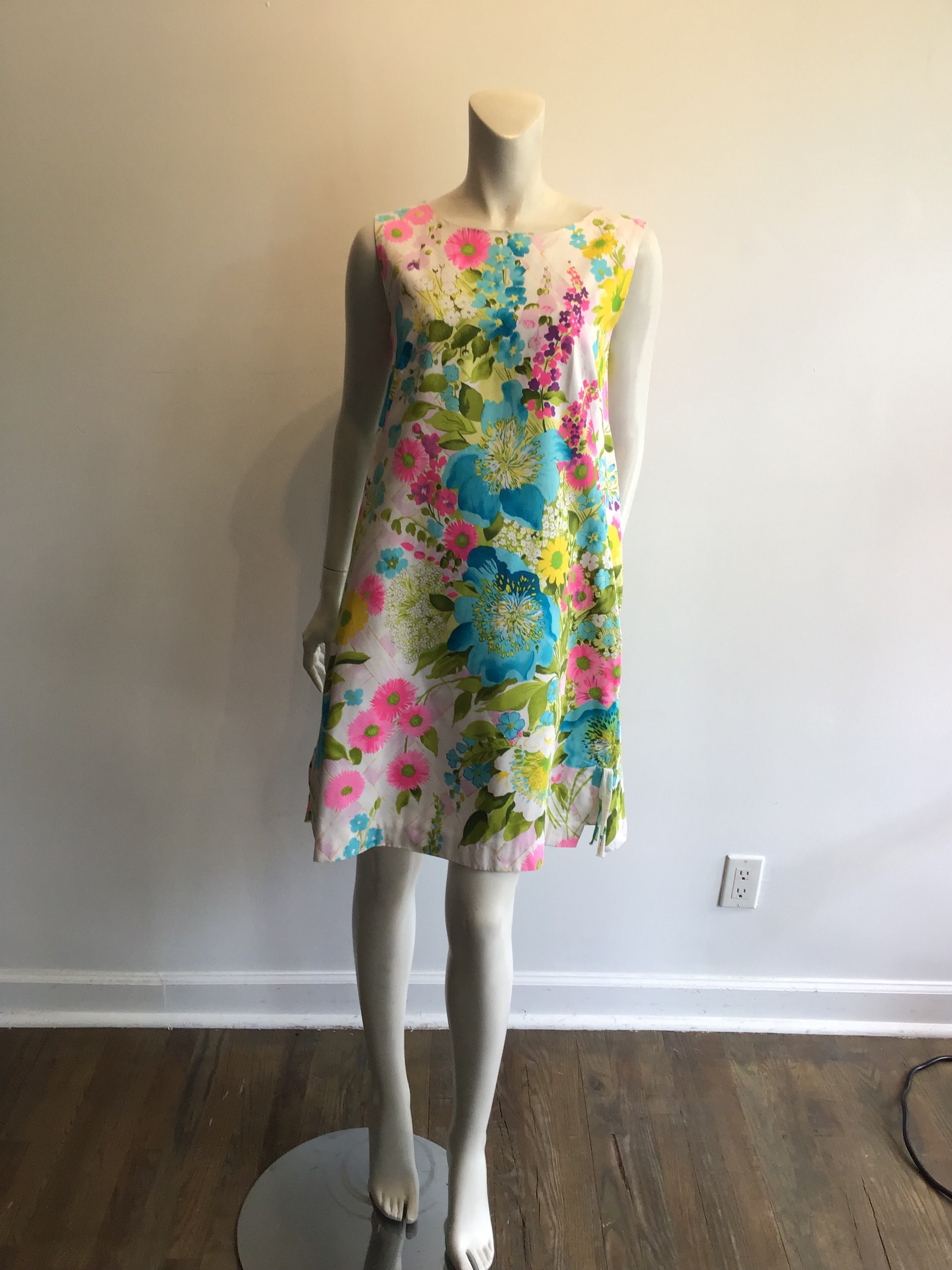 1960’s Cotton Pink/Lime Green/Blue/Yellow Janet Lynn Shift Dress Size 8