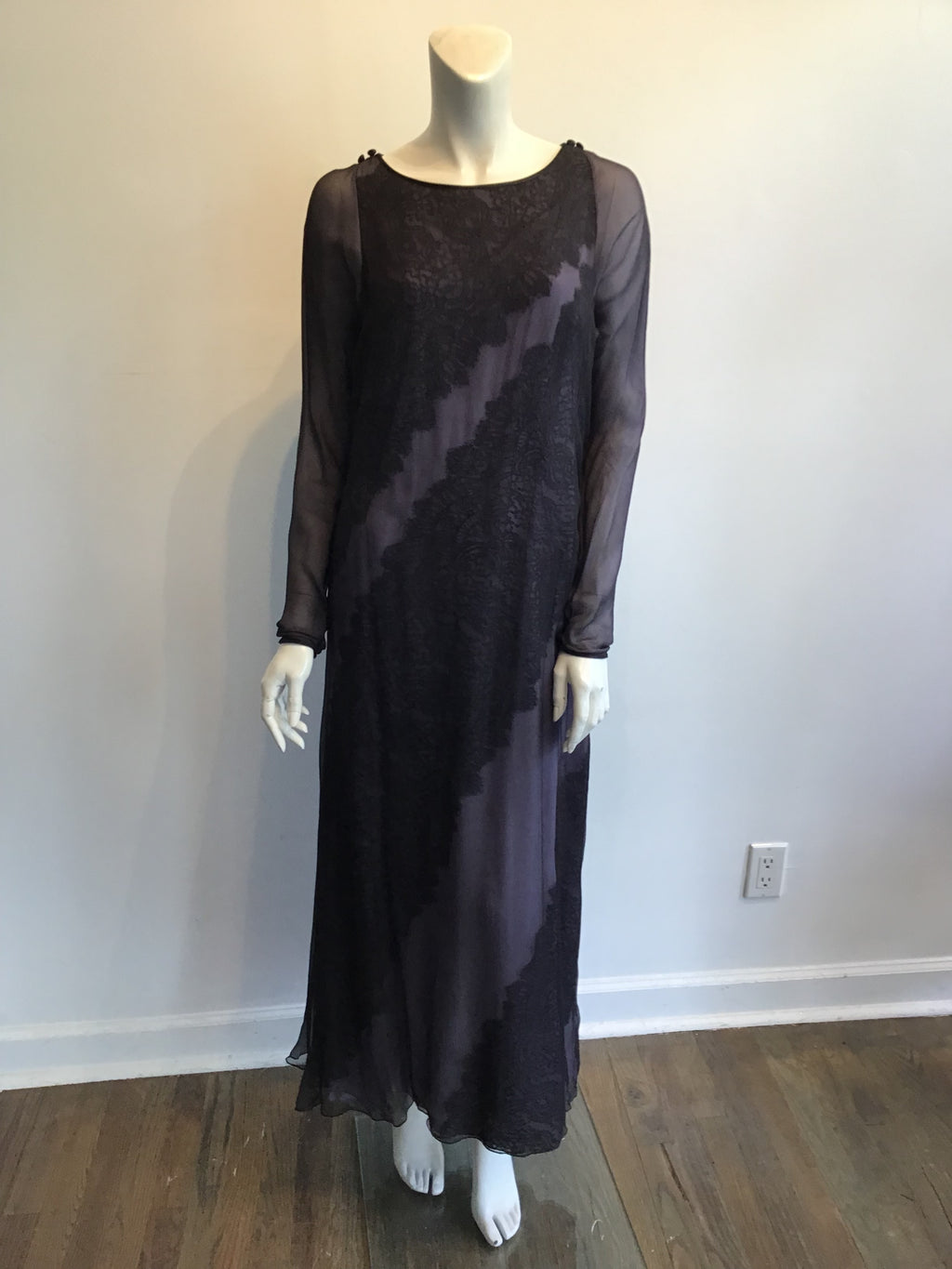 1990's  Bob Mackie Black and Lavender Silk Chiffon Dress with lace Size 10