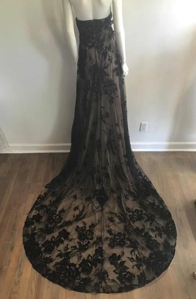 1990s Bagley Mischka Black/beige  Beaded Evening Gown with Train-10/12