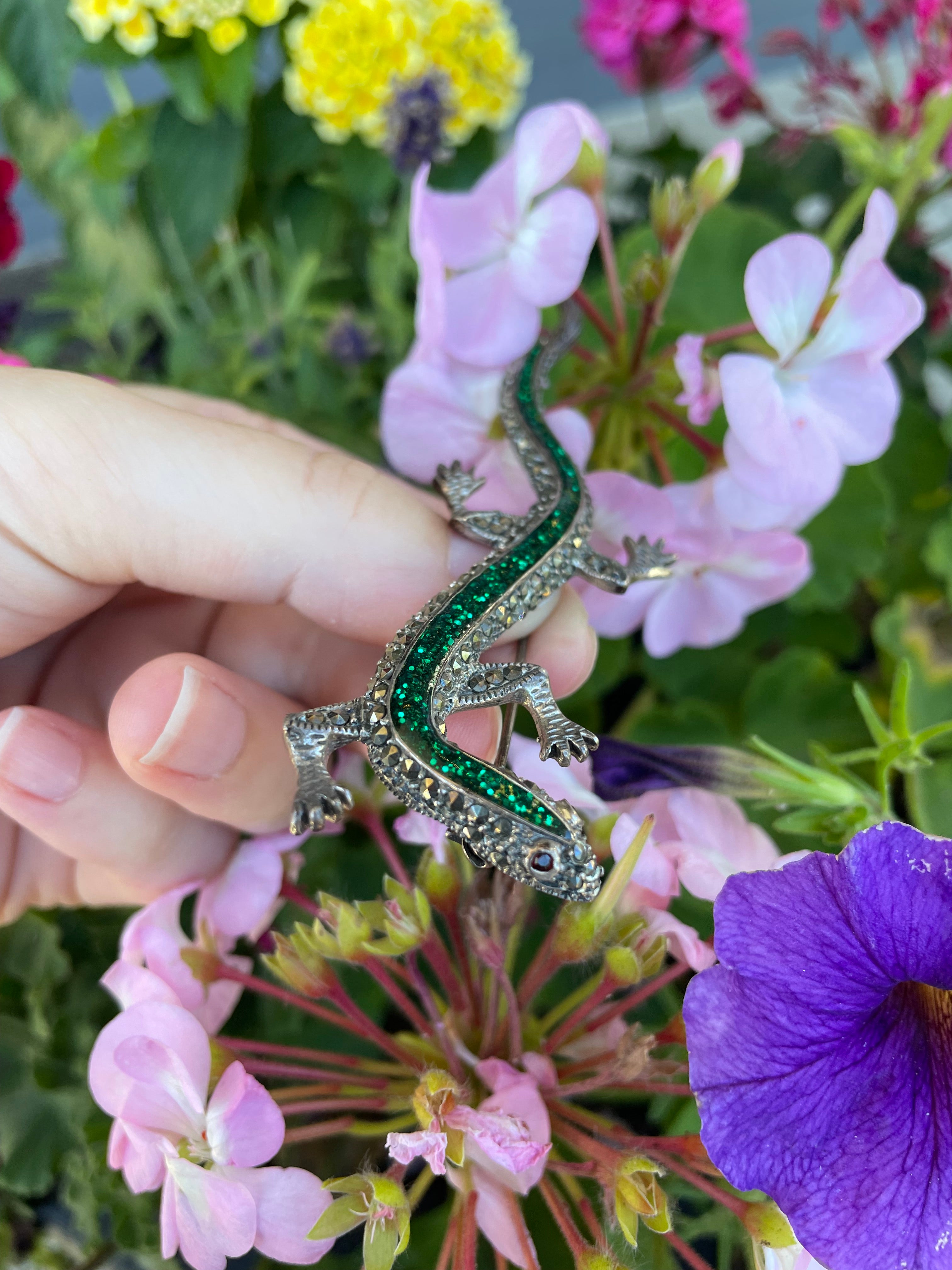 Vintage Sterling and Marcasite with  Green Rhinestones  Salamander Pin / Brooch