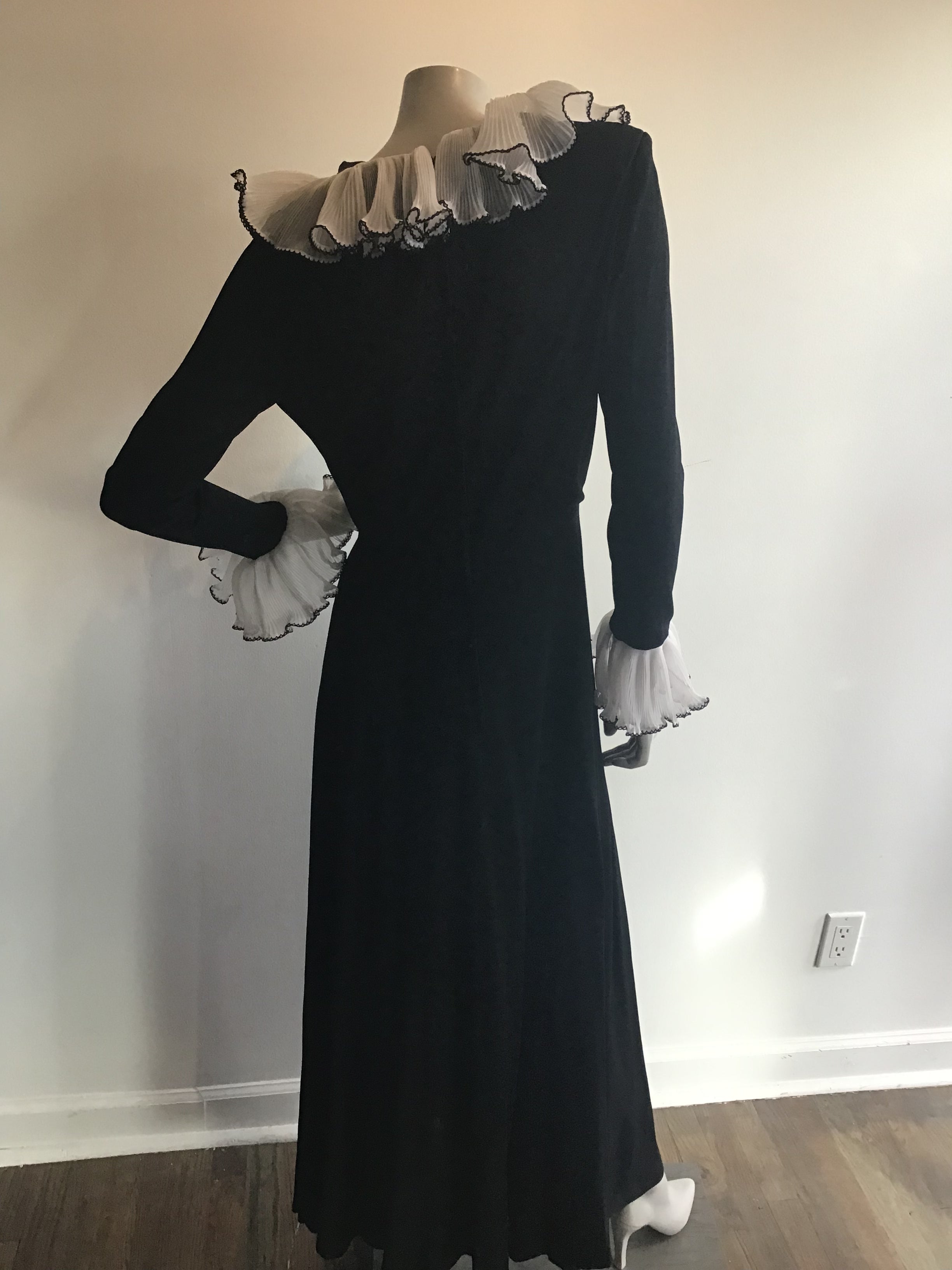 1970's Julie Miller Black Maxi Dress with White Ruffles