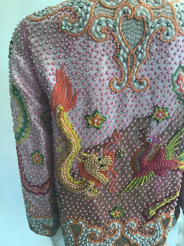 1960s Rare Chinese Pink Silk Handbeaded Jacket with Dragon and Phoenix -size 4/5