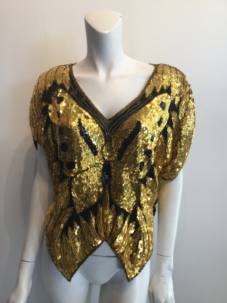 1980s entirely sequinned black and gold Butterfly top