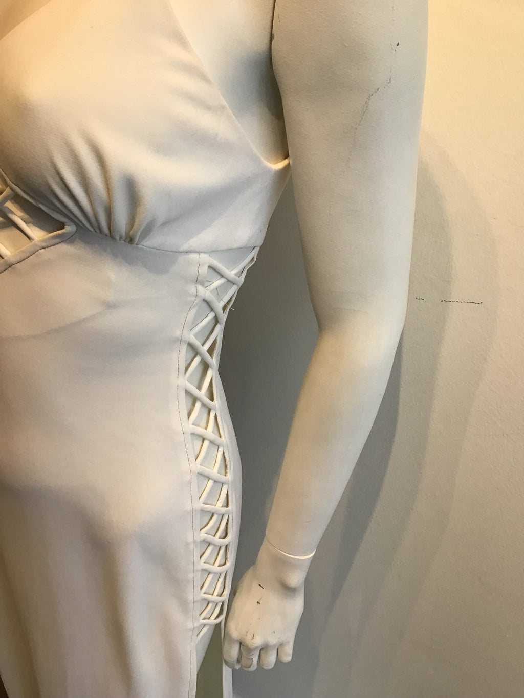 1960s Sultry Cream Rayon"Bond Girl" Dress with Crisscross Cutouts on the Sides Size 2/3