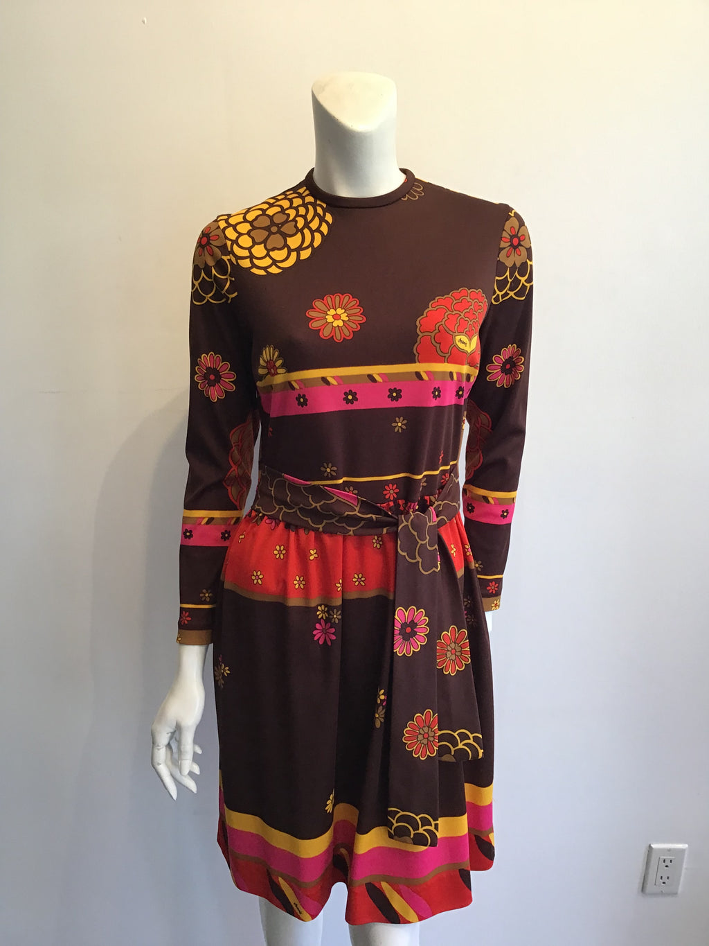 1970s Artemis Polyester Blend Brown Multicolor Dress Size 10