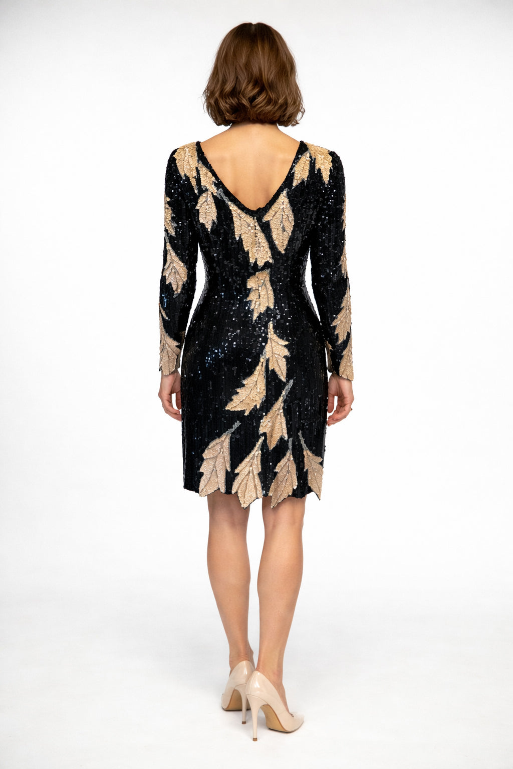 1980's Cream and Black Sequined leaf designCocktail Dress-size 8/9