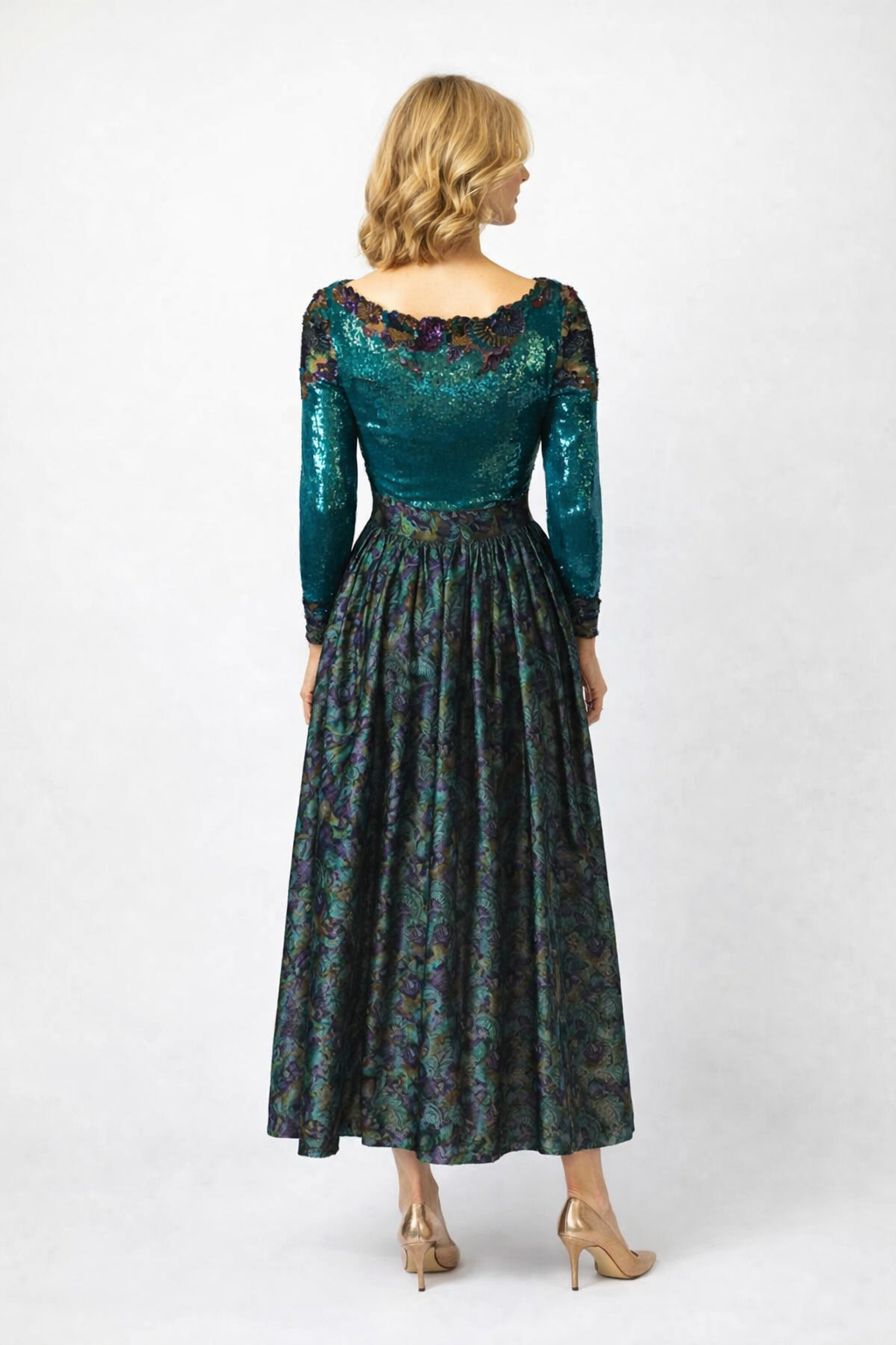 1980s Mary McFadden Teal & Purple Sequinned /beaded Brocade Couture Gown-size 2