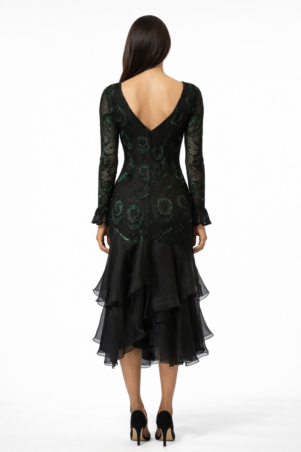 1980's Black Silk Chiffon Bodice /Silk Crepe Skirt  Green Beaded Peacock Motif Evening Dress-size 4