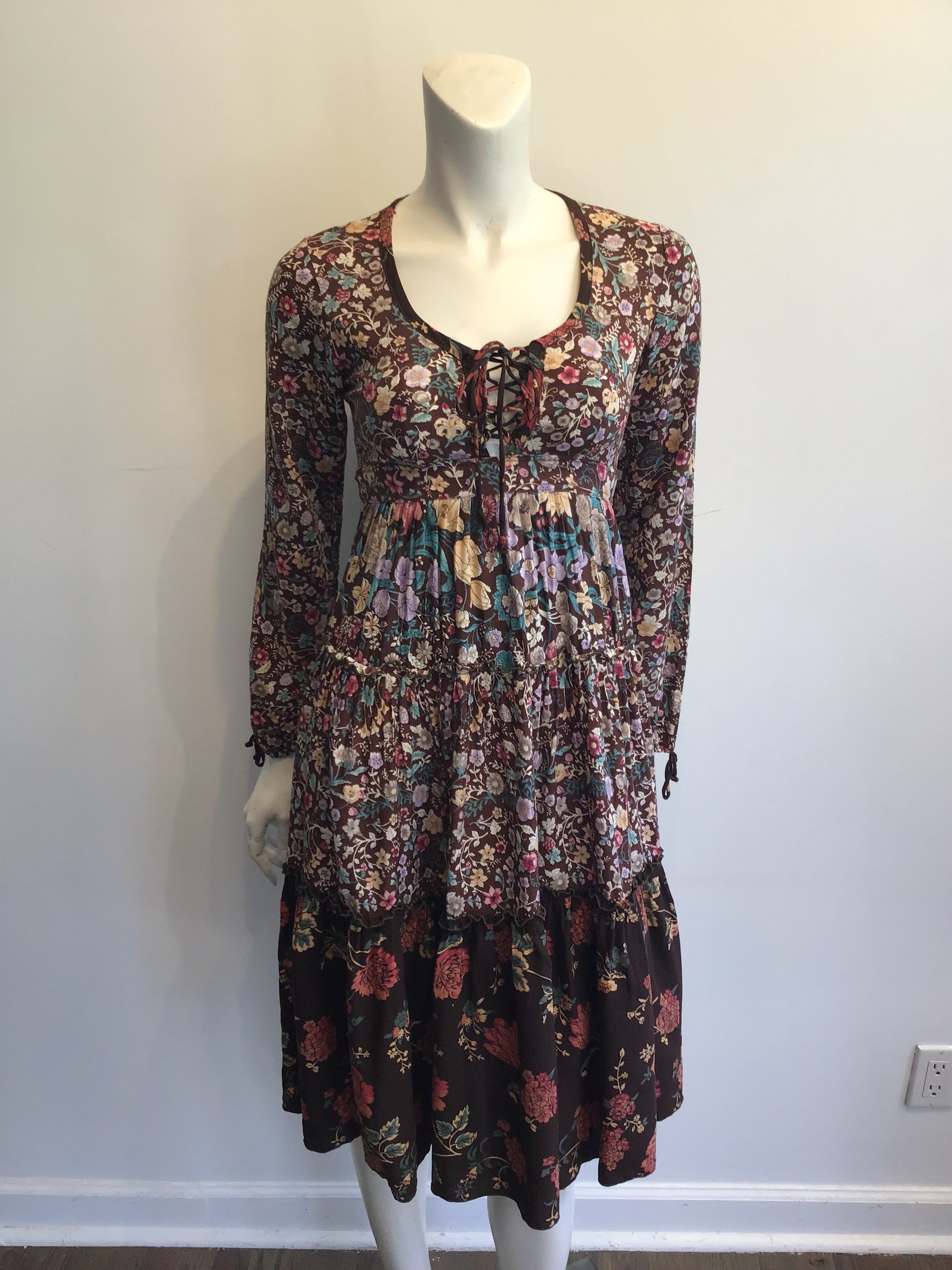 1970s Brown Floral Cotton Dress Size 4