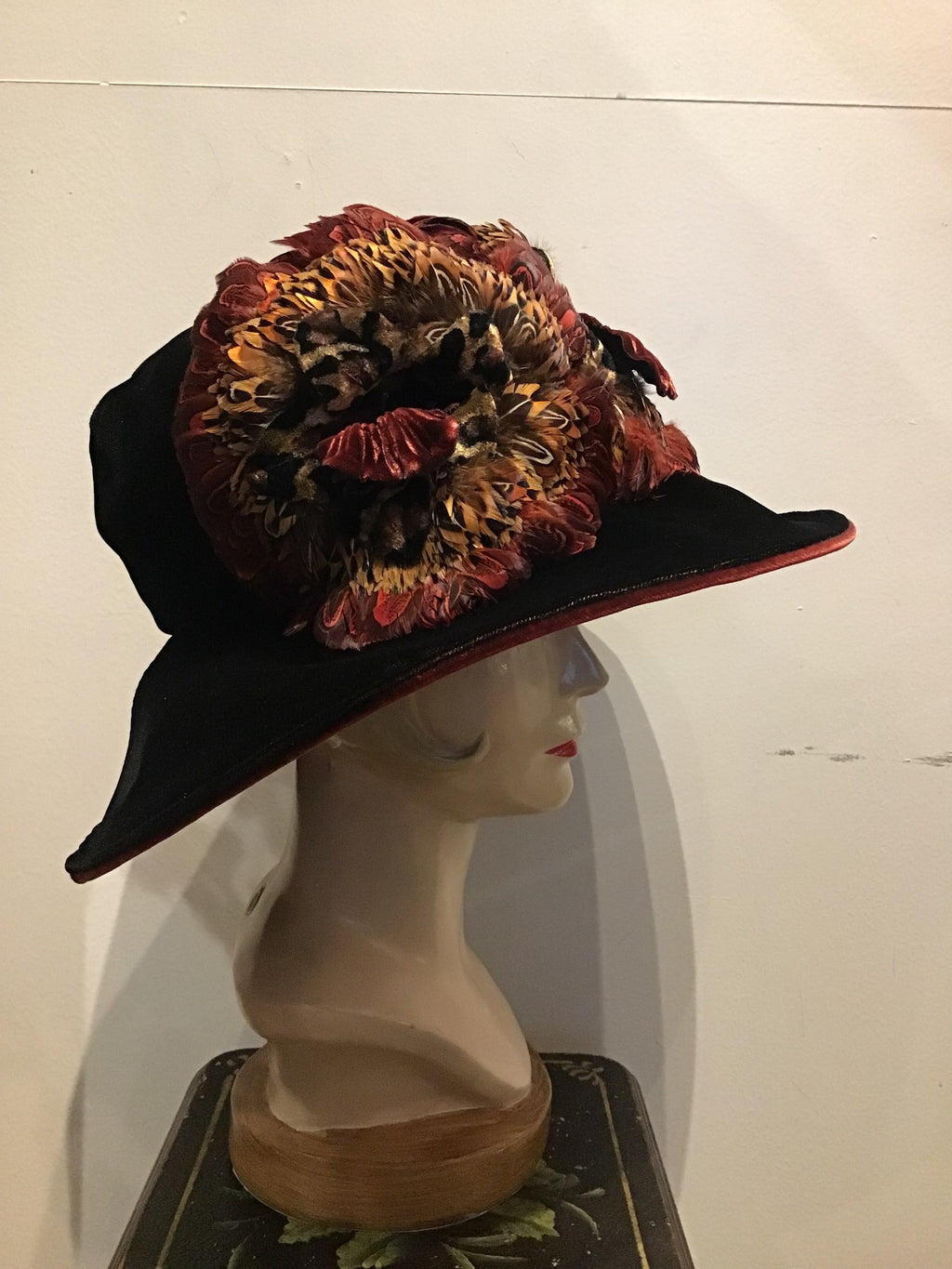 1990’s Eric Javits Wine Velvet and Feather Hat