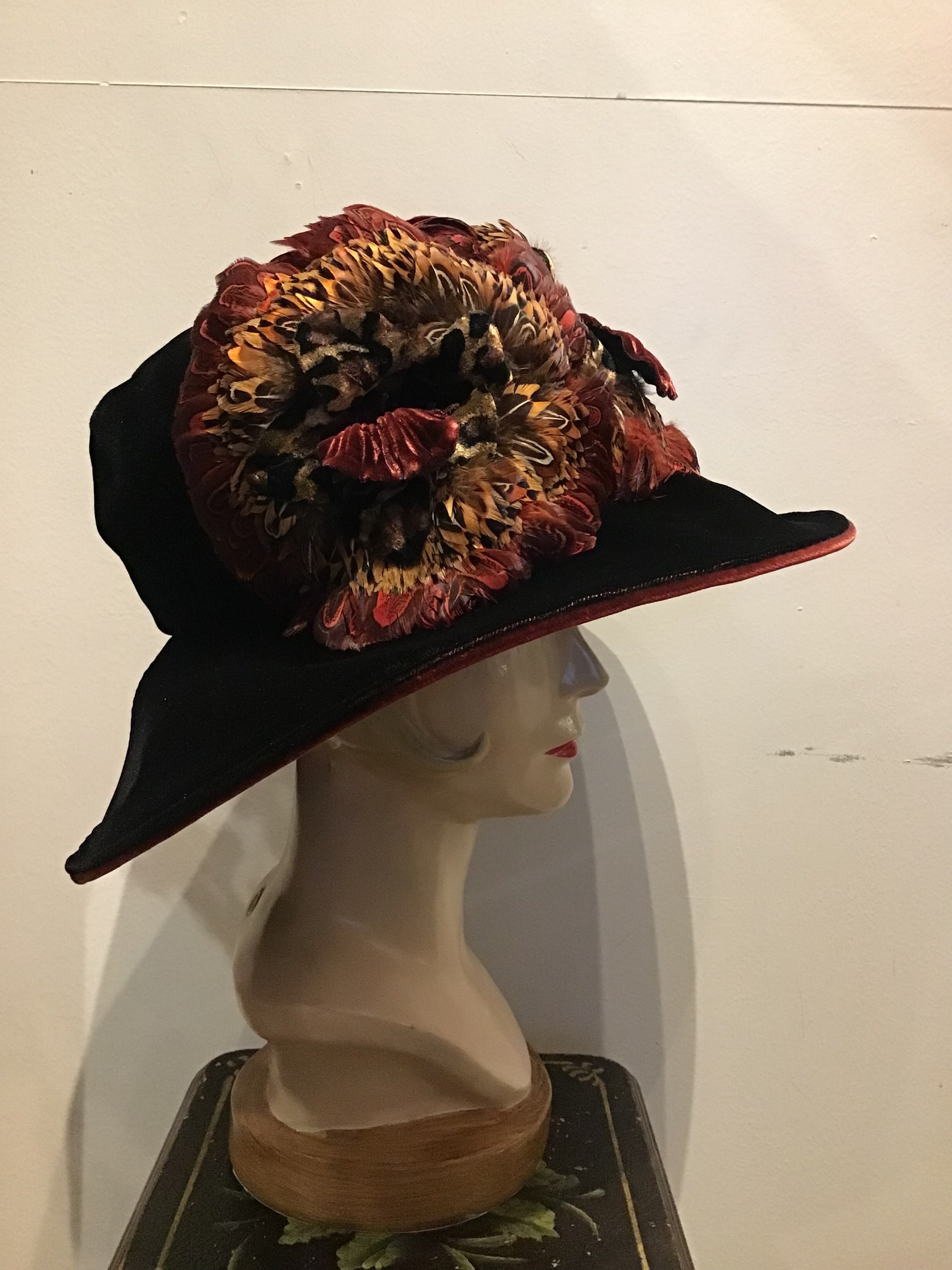 1990’s Eric Javits Wine Velvet and Feather Hat