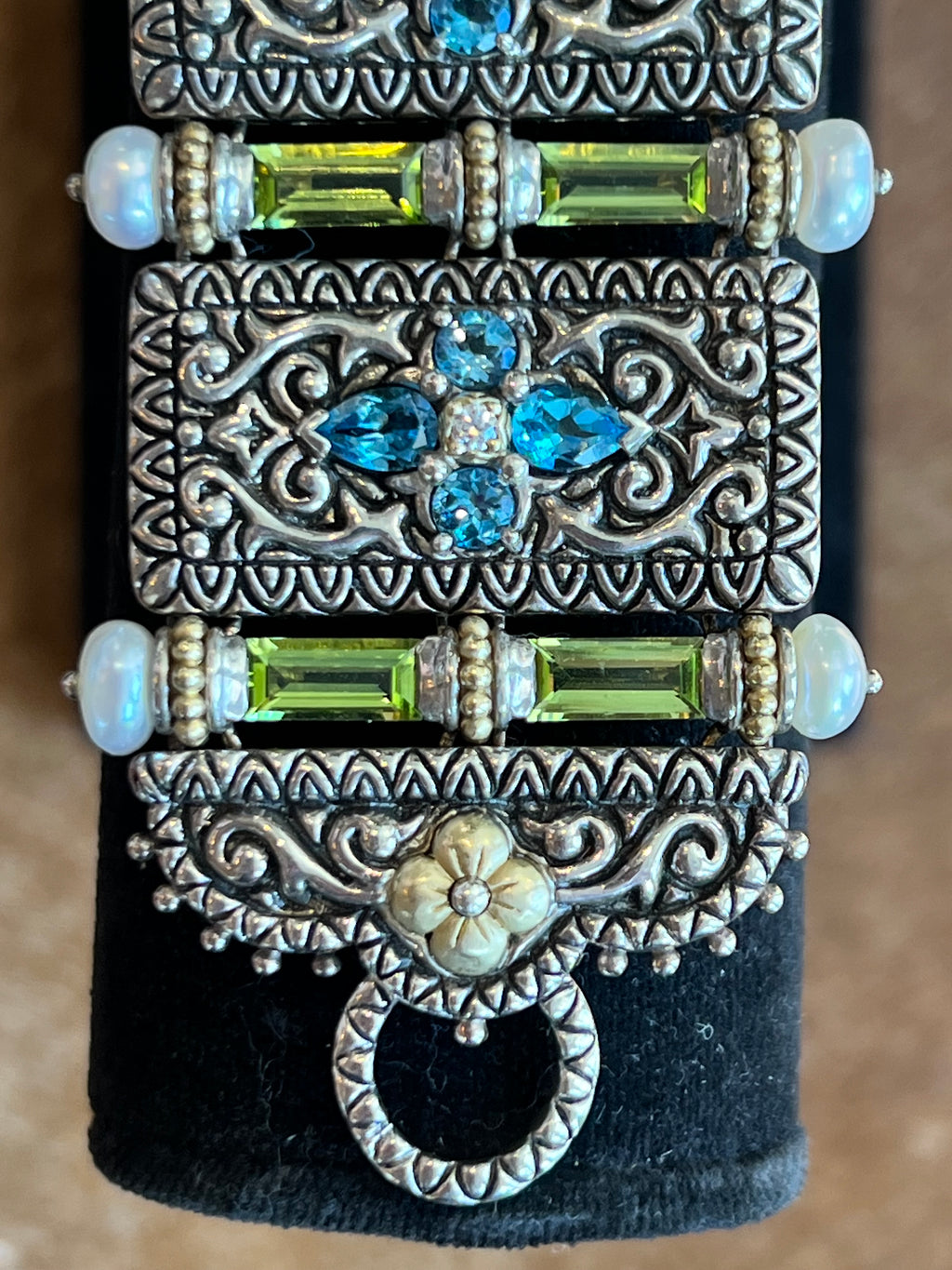 BARBARA BIXBY STERLING , PEARL, BLUE TOPAZ, IOLITE, PERIDOT 18K FLORAL DETAILED BRACELET