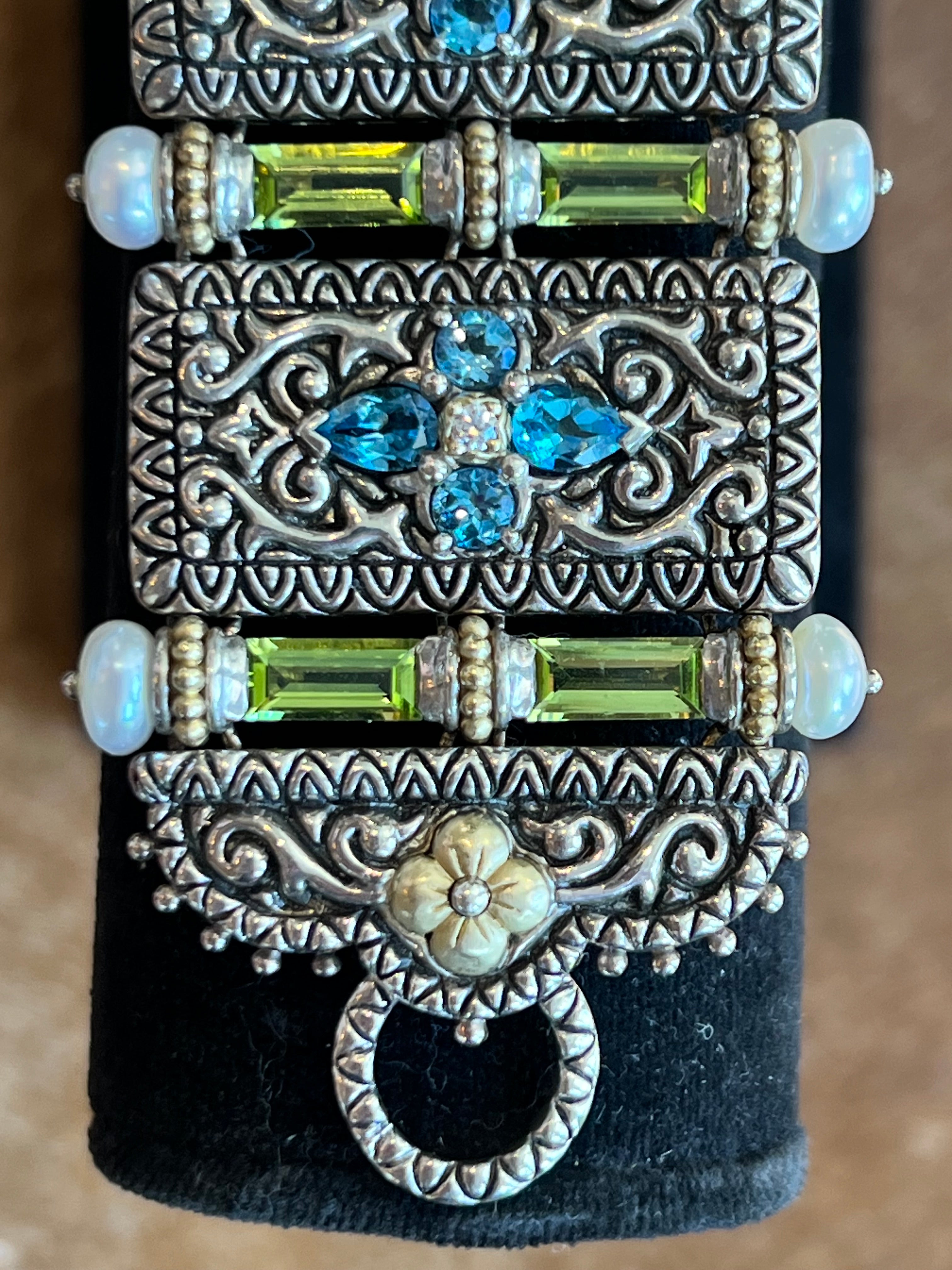 BARBARA BIXBY STERLING , PEARL, BLUE TOPAZ, IOLITE, PERIDOT 18K FLORAL DETAILED BRACELET