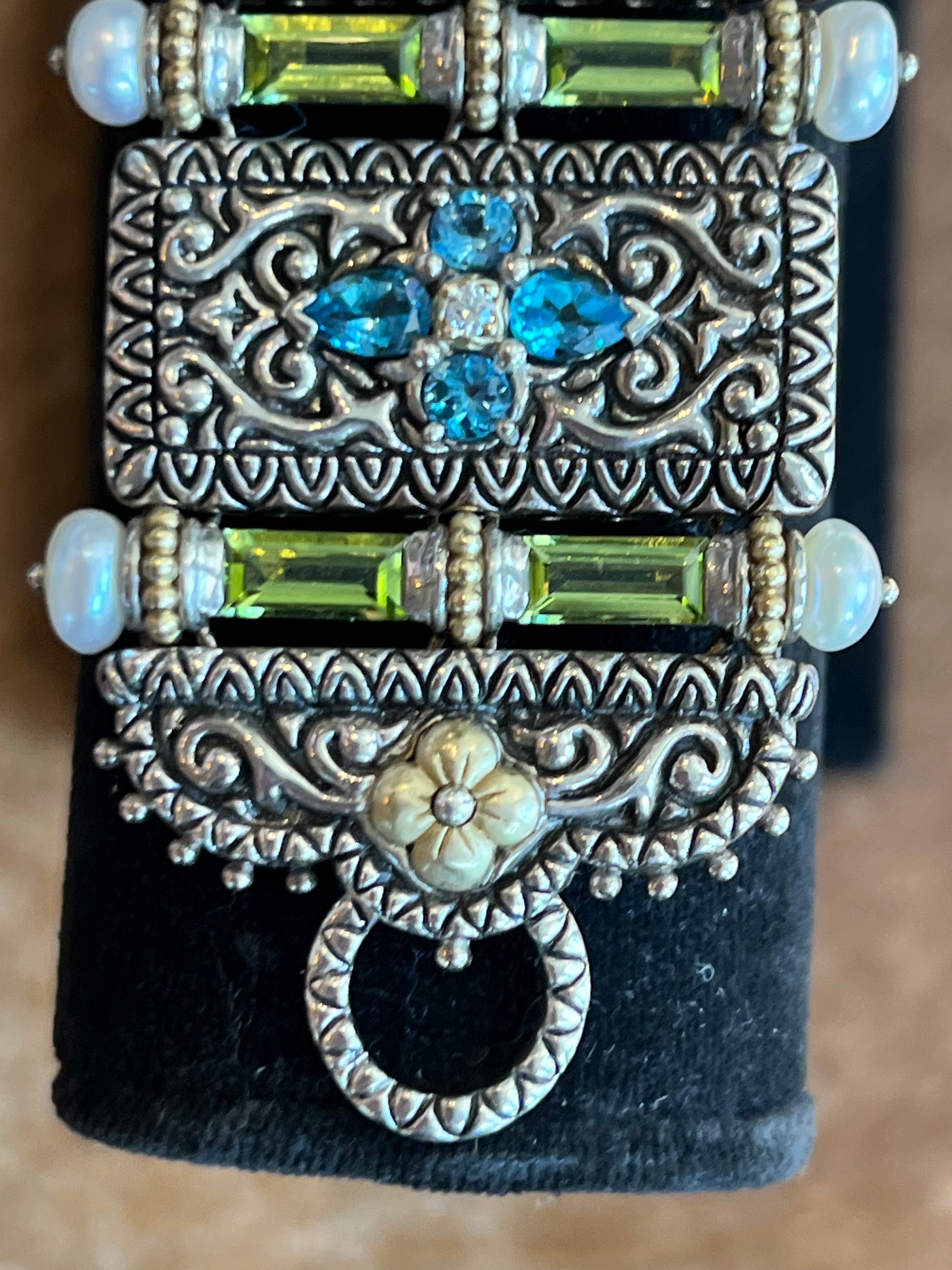 BARBARA BIXBY STERLING , PEARL, BLUE TOPAZ, IOLITE, PERIDOT 18K FLORAL DETAILED BRACELET