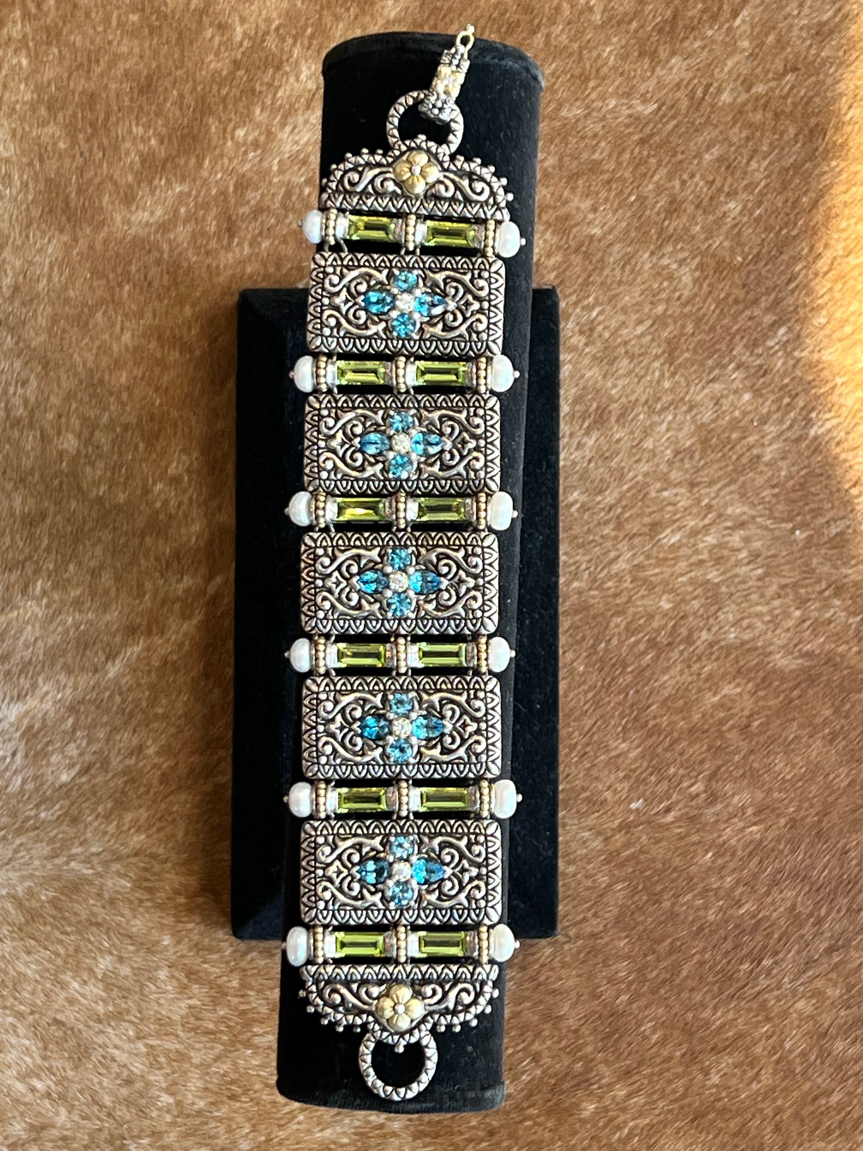 BARBARA BIXBY STERLING , PEARL, BLUE TOPAZ, IOLITE, PERIDOT 18K FLORAL DETAILED BRACELET