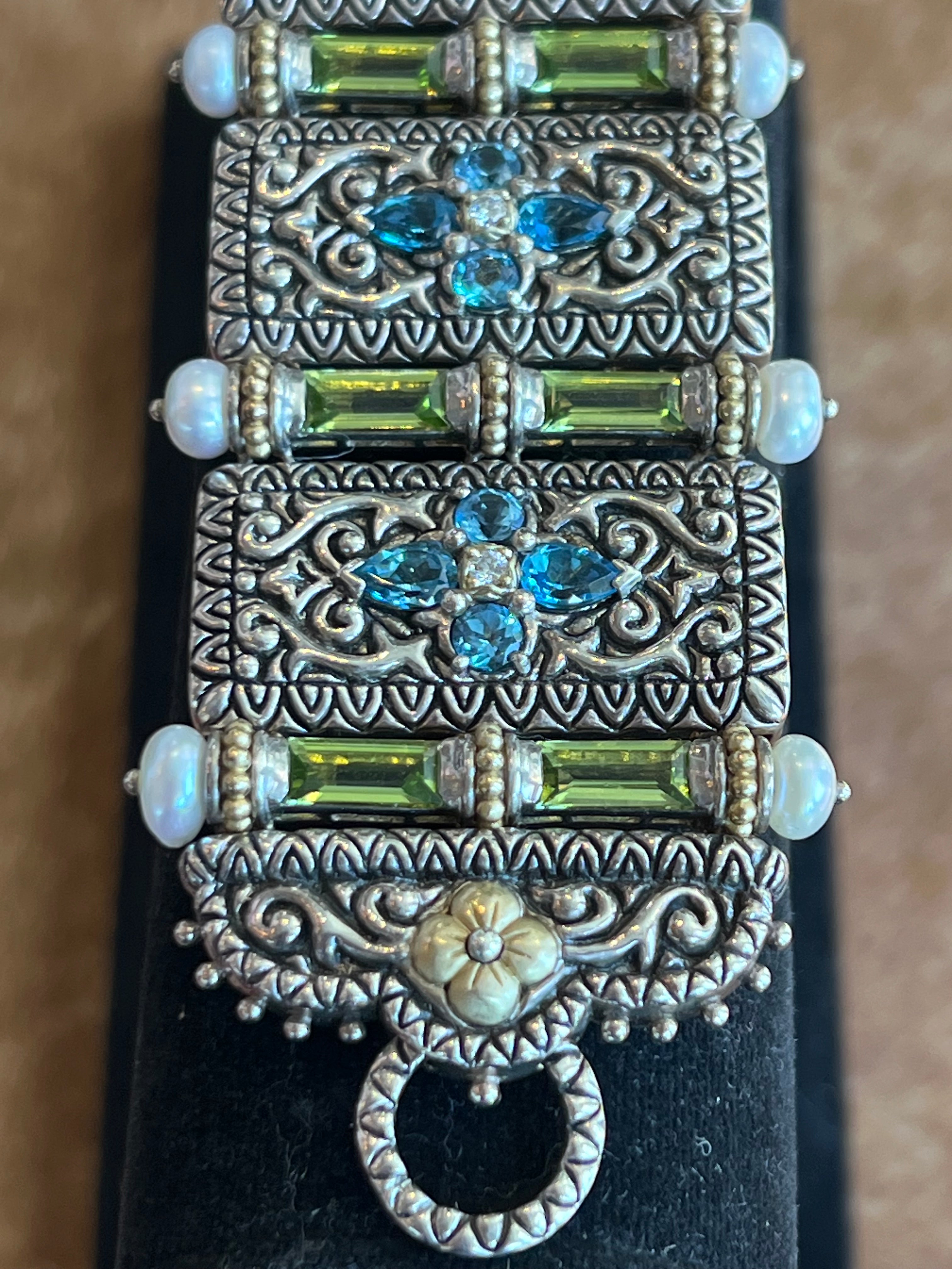 BARBARA BIXBY STERLING , PEARL, BLUE TOPAZ, IOLITE, PERIDOT 18K FLORAL DETAILED BRACELET