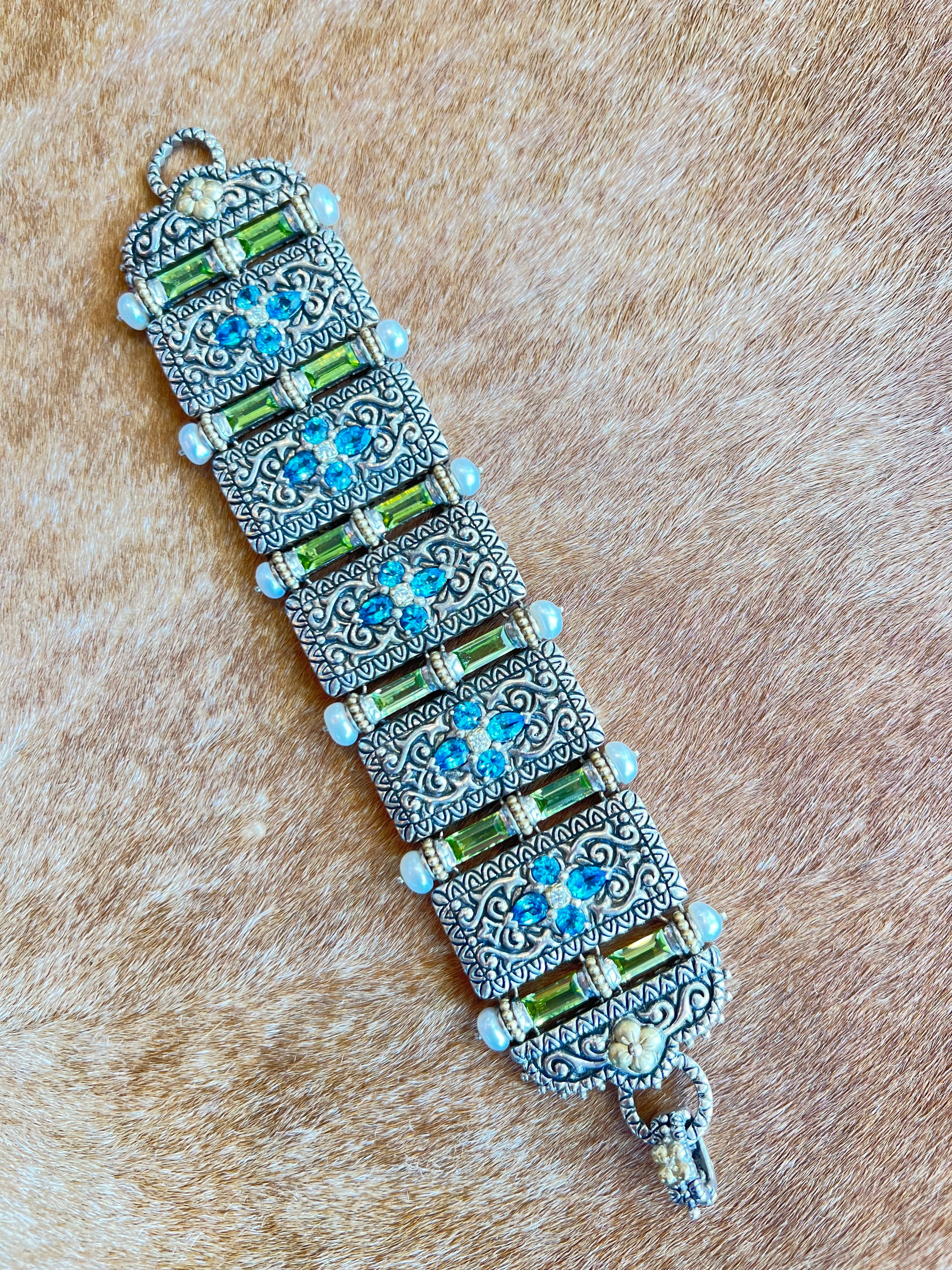 BARBARA BIXBY STERLING , PEARL, BLUE TOPAZ, IOLITE, PERIDOT 18K FLORAL DETAILED BRACELET