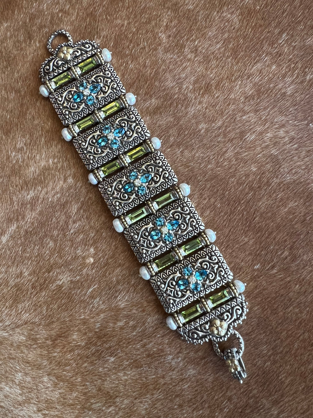 BARBARA BIXBY STERLING , PEARL, BLUE TOPAZ, IOLITE, PERIDOT 18K FLORAL DETAILED BRACELET