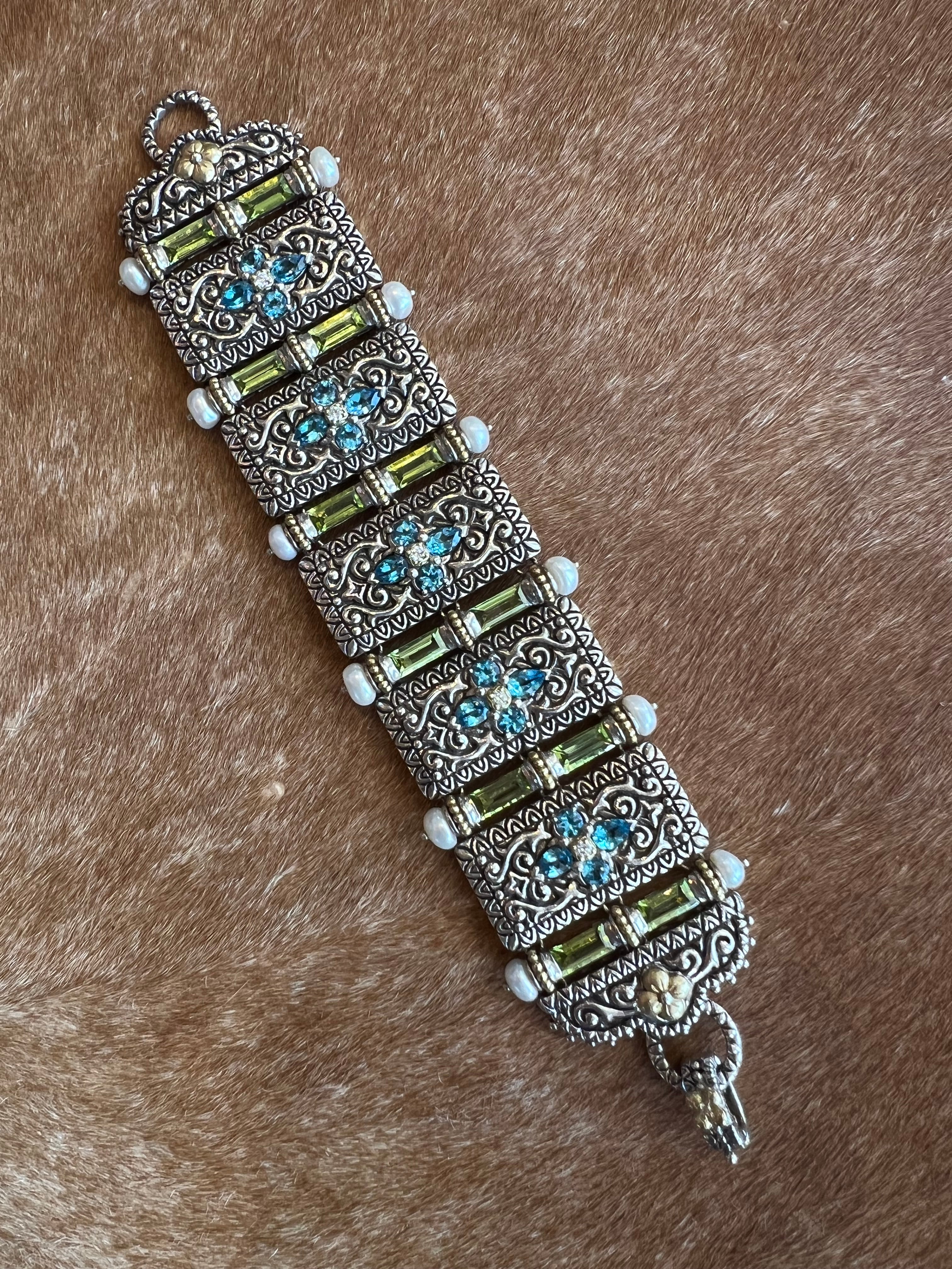 BARBARA BIXBY STERLING , PEARL, BLUE TOPAZ, IOLITE, PERIDOT 18K FLORAL DETAILED BRACELET
