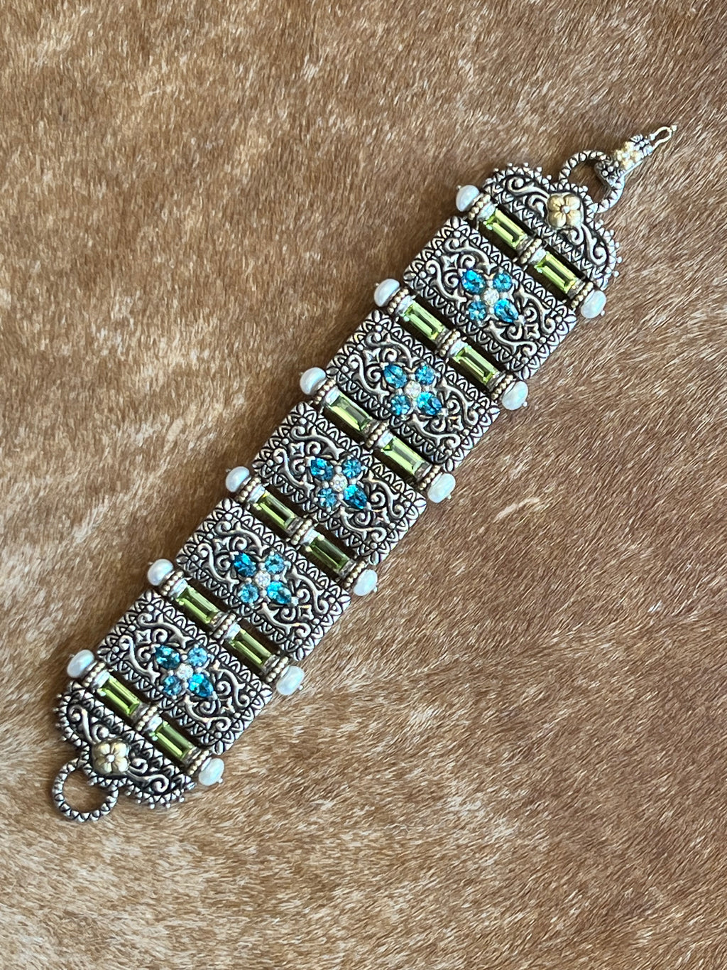 BARBARA BIXBY STERLING , PEARL, BLUE TOPAZ, IOLITE, PERIDOT 18K FLORAL DETAILED BRACELET