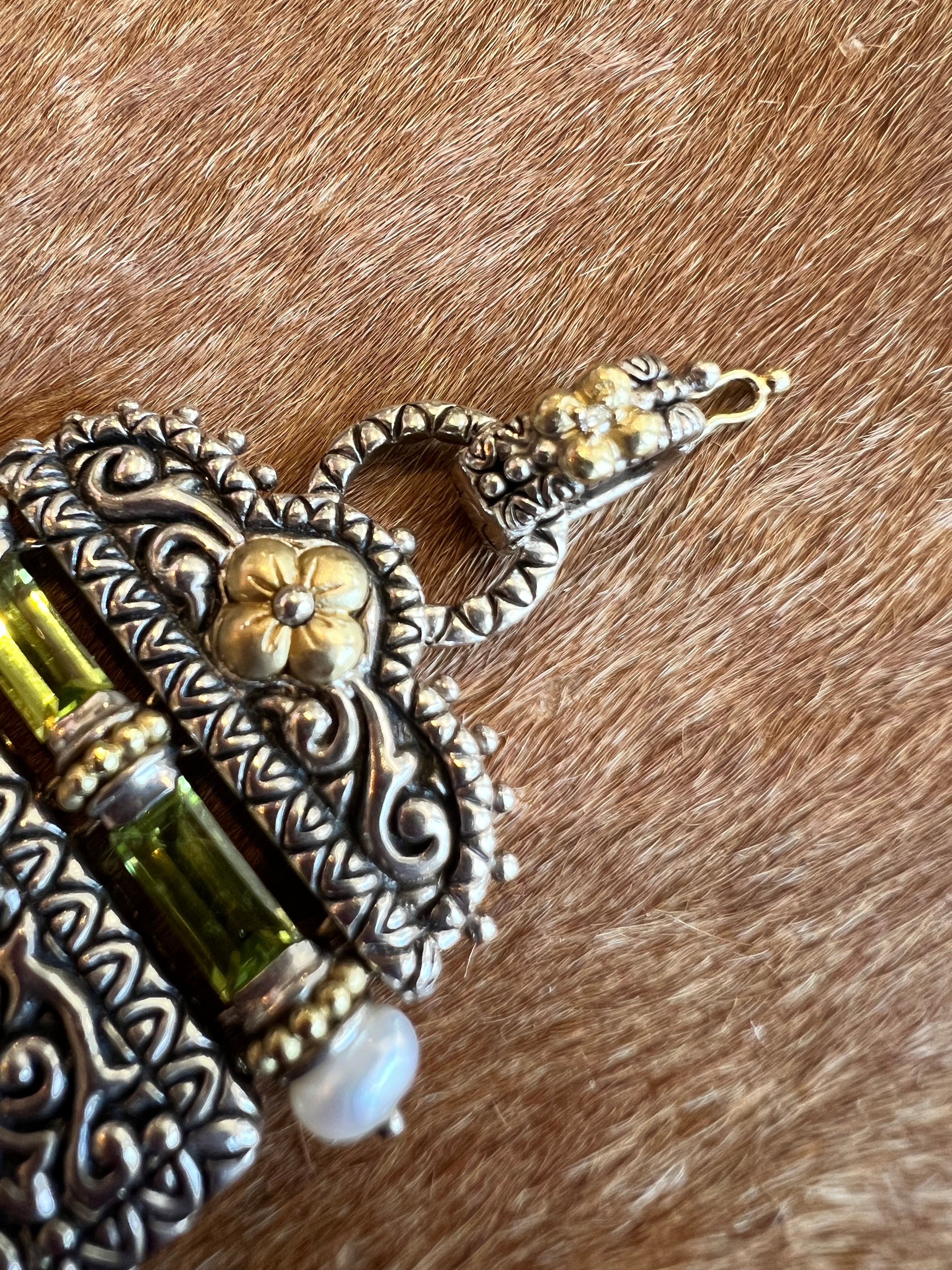 BARBARA BIXBY STERLING , PEARL, BLUE TOPAZ, IOLITE, PERIDOT 18K FLORAL DETAILED BRACELET