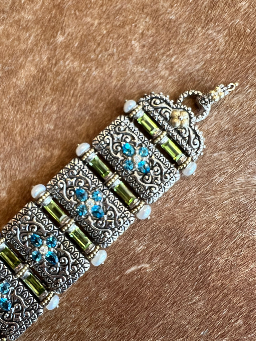BARBARA BIXBY STERLING , PEARL, BLUE TOPAZ, IOLITE, PERIDOT 18K FLORAL DETAILED BRACELET