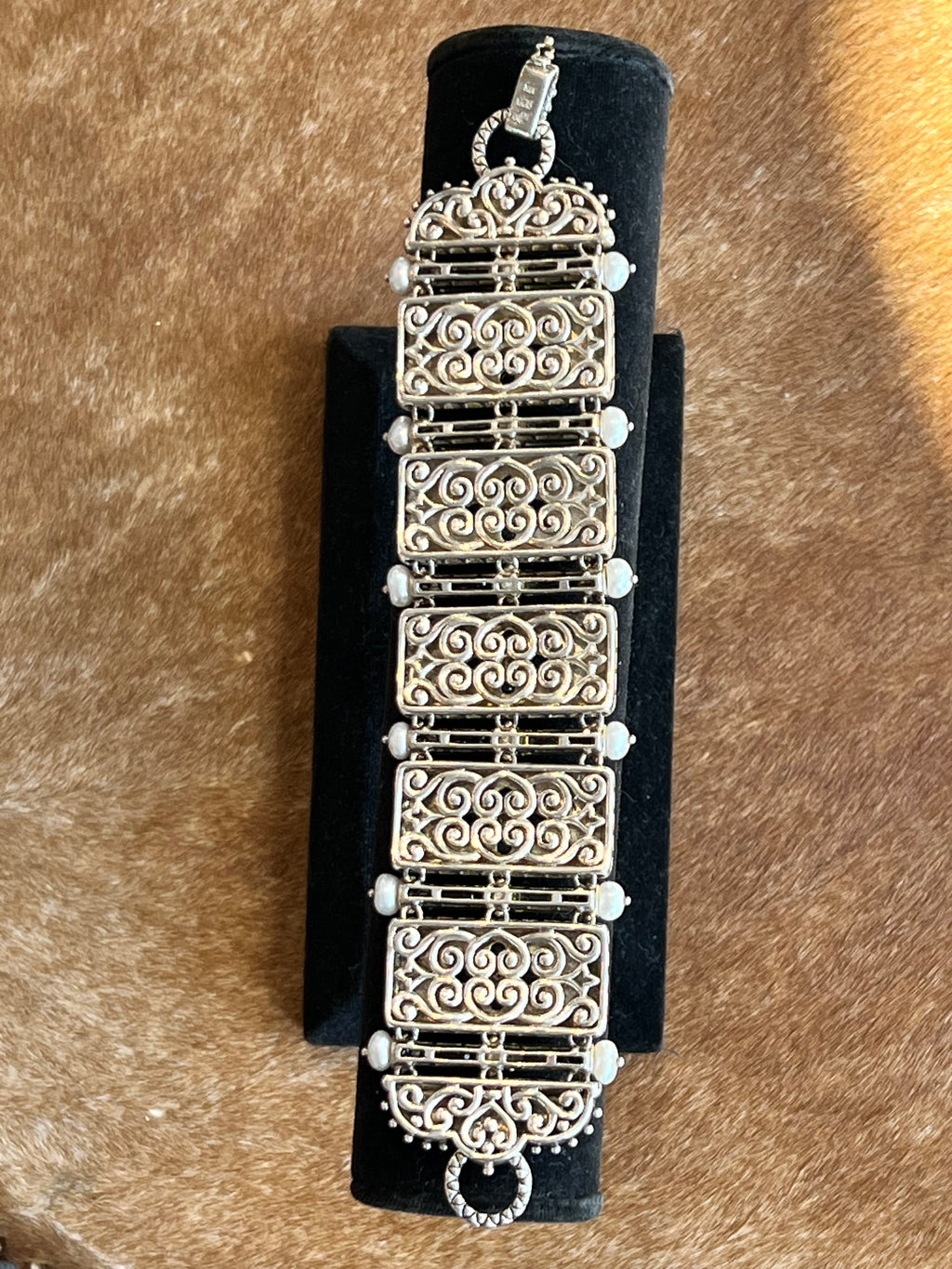 BARBARA BIXBY STERLING , PEARL, BLUE TOPAZ, IOLITE, PERIDOT 18K FLORAL DETAILED BRACELET
