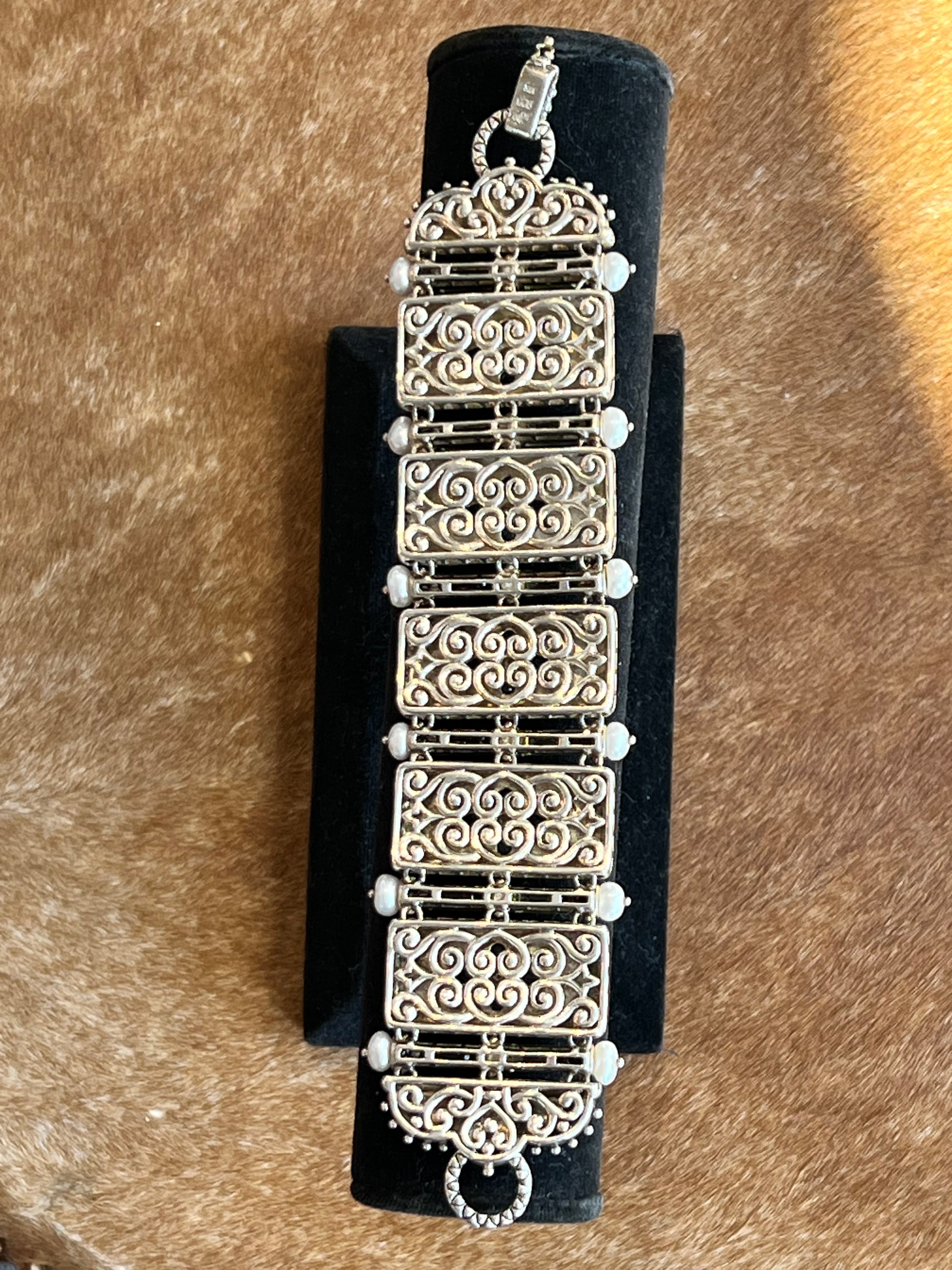 BARBARA BIXBY STERLING , PEARL, BLUE TOPAZ, IOLITE, PERIDOT 18K FLORAL DETAILED BRACELET