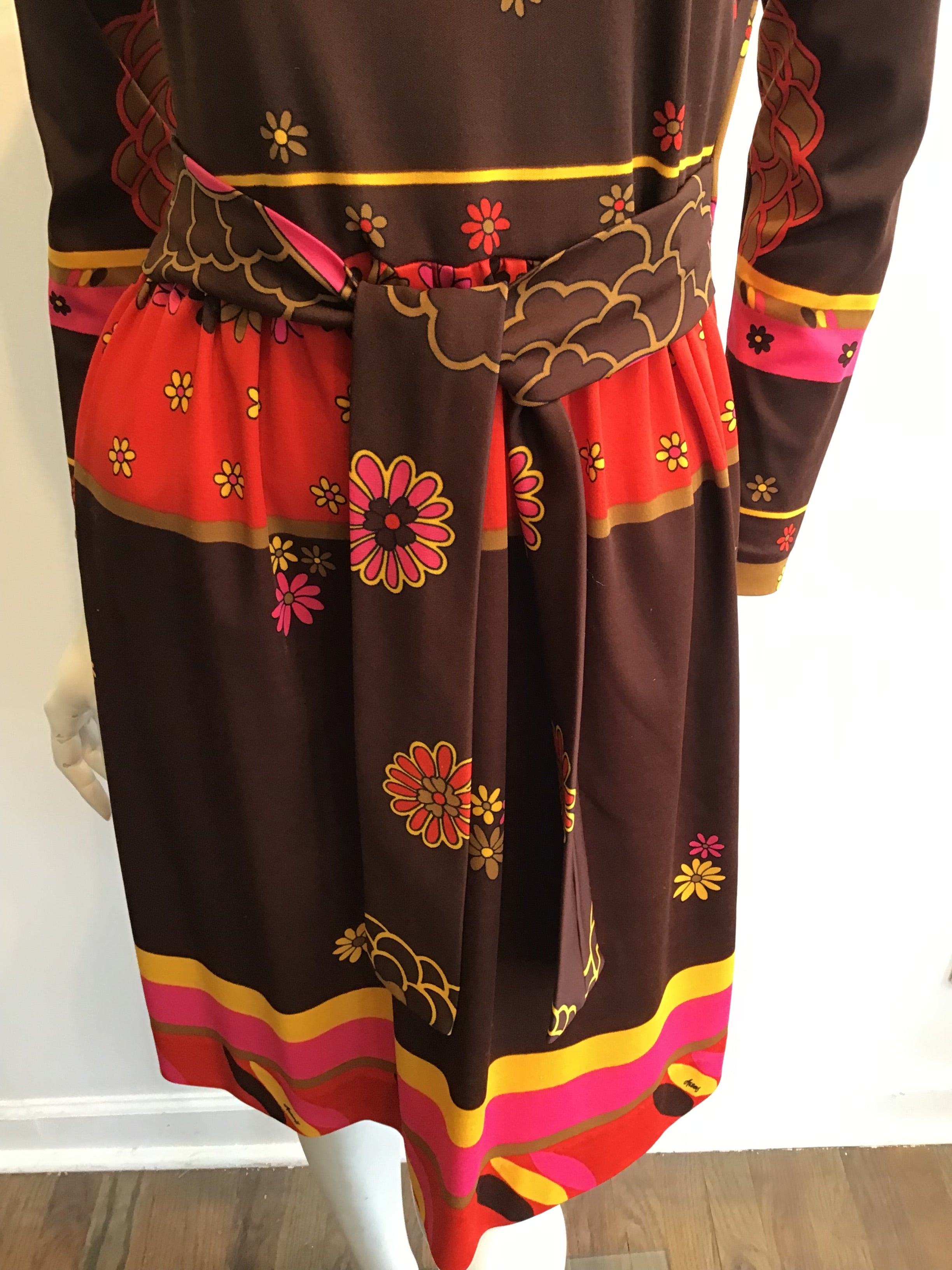 1970s Artemis Polyester Blend Brown Multicolor Dress Size 10