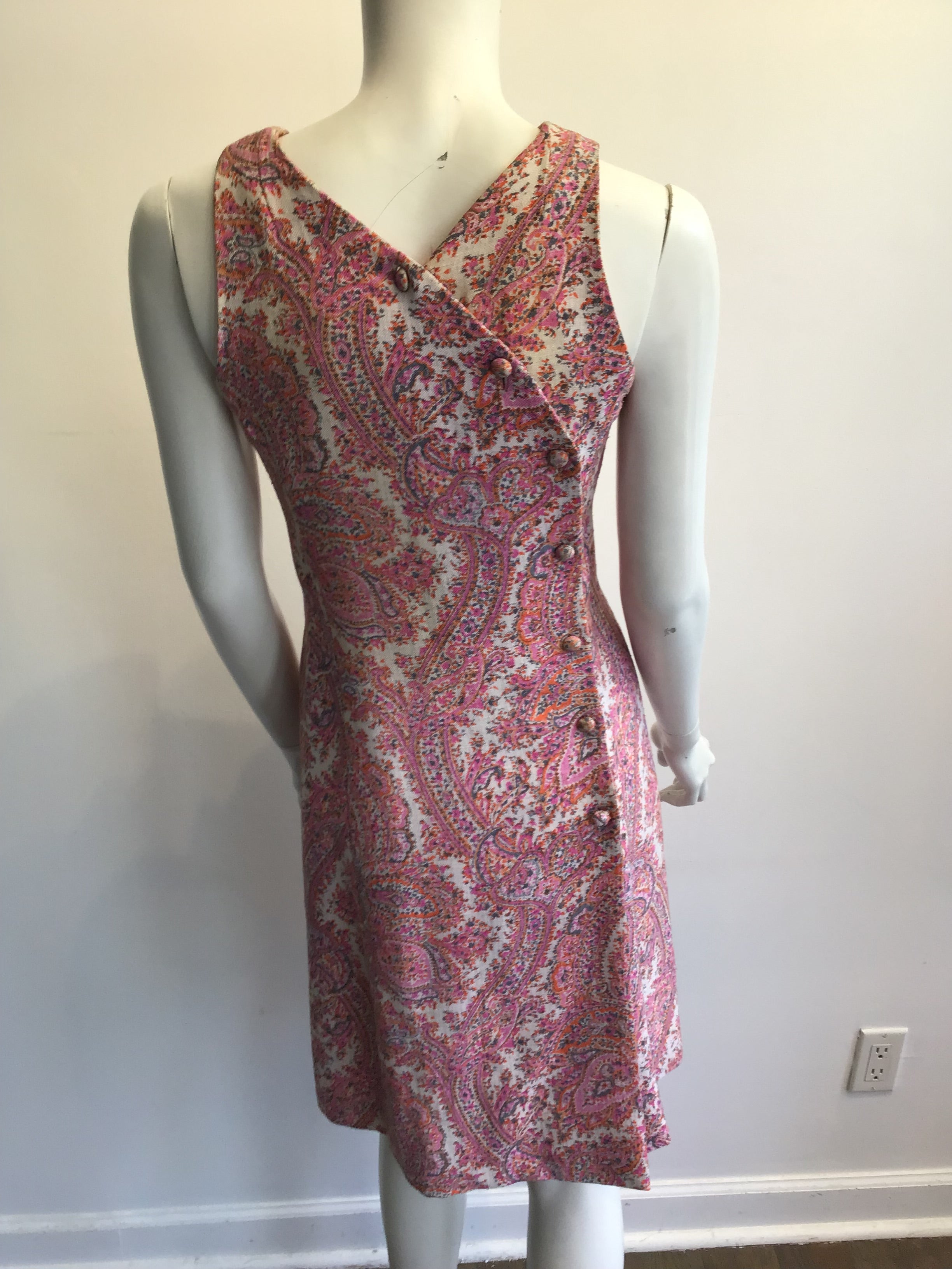 1960s Cotton Blend Pink Paisley Shift Dress Size 4
